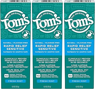 Tom's of Maine Fluoride-Free Rapid Relief Sensitive Toothpaste, Fresh Mint, 4 oz. 3-Pack (Packaging May Vary)