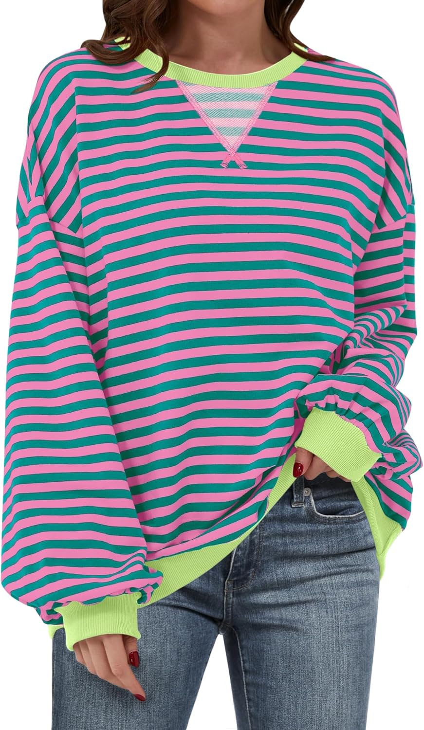 ANRABESS Women Striped Sweatshirt Long Sleeve Shirts Crewneck Oversized Casual Pullover Top 2024 Fall Fashion Outfits Clothes