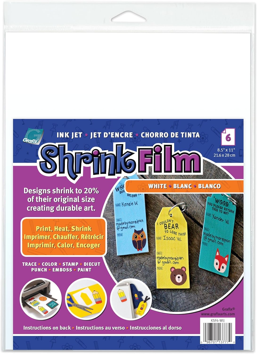 Grafix Ink-Jet Printable White Opaque Shrink Film - 8.5"x11" Print, Cut and Shrink It to Create Jewelry, Embellishments, Tags,Ornaments. Shrink Plastic is for Kids of All Ages,Pack of 6 Sheets