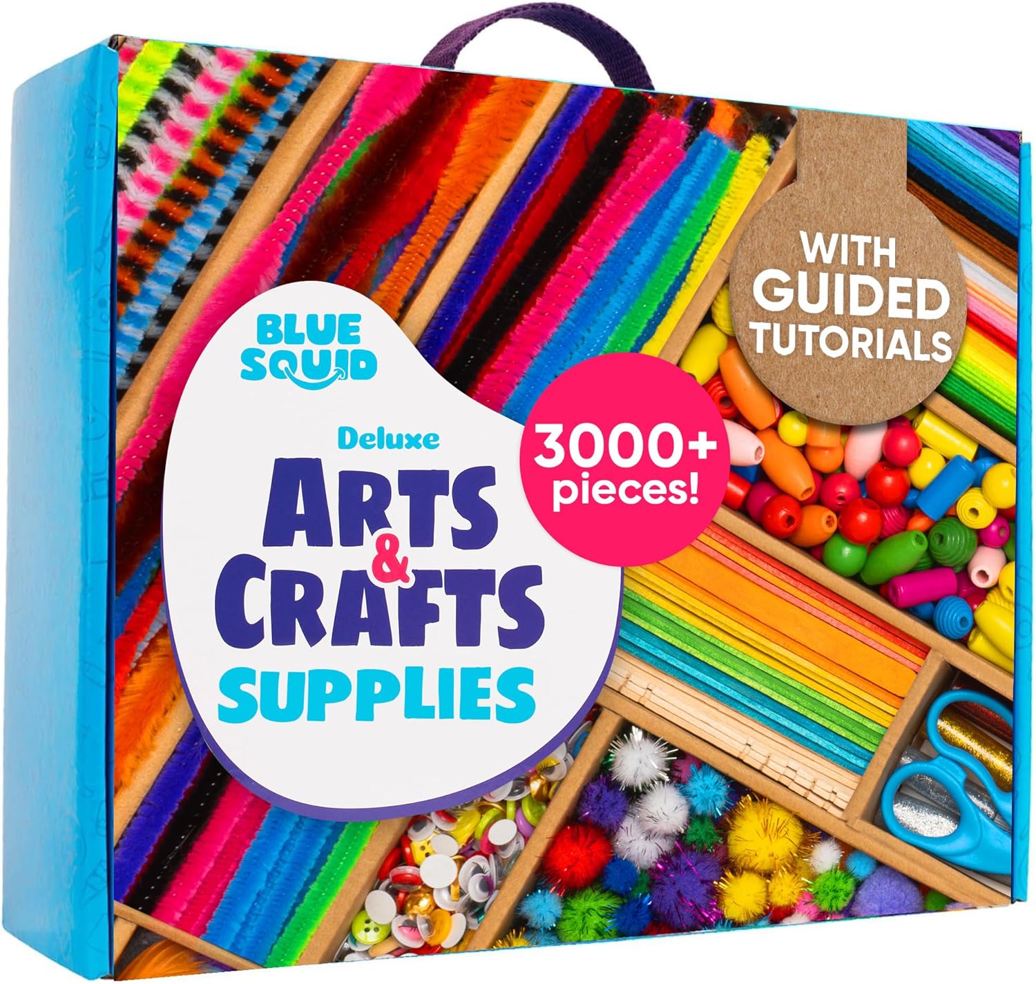 Blue Squid Arts & Crafts Chest - 3000+ pcs Deluxe Craft Supplies Box, 2 Drawers, 18 Compartments, Sturdy Handle - Art Crafting Kit Birthday Gifts for Kids, School Supply for Ages 4 5 6 7 8 9 10 11 12