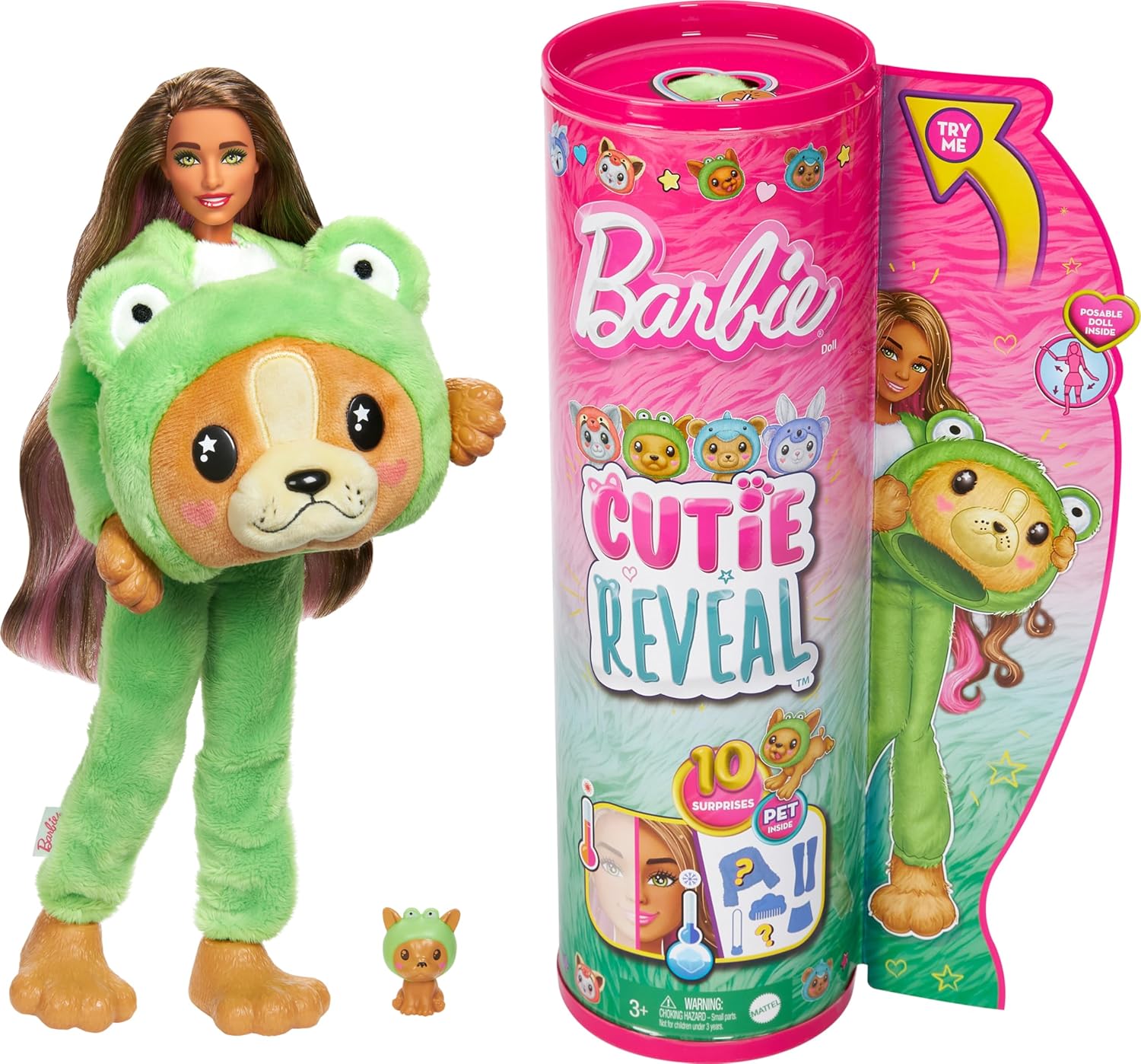 Barbie Cutie Reveal Doll & Accessories with Animal Costume & 10 Surprises Including Color Change, Puppy as Frog in Costume-Themed Series