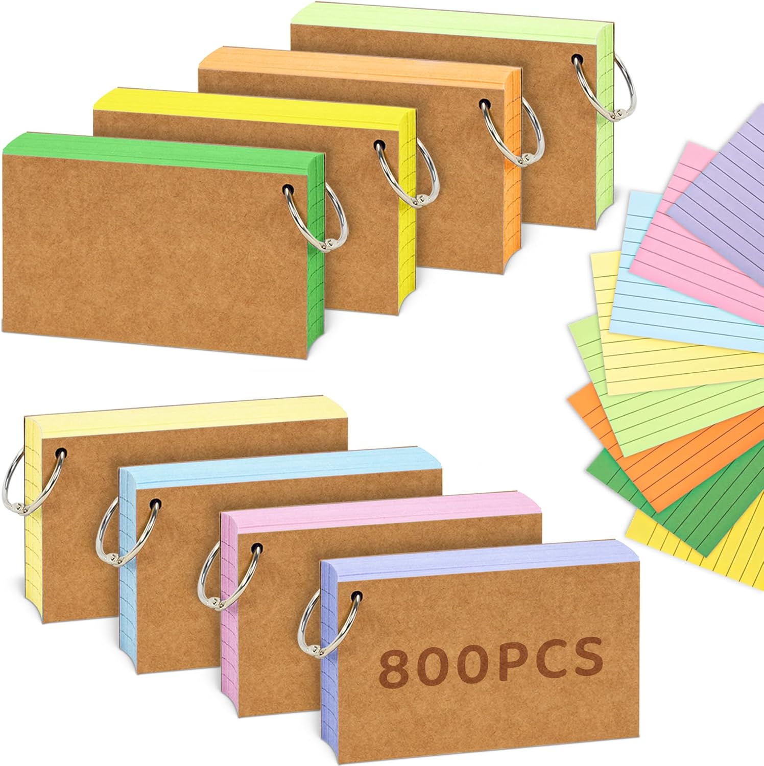 A7 Flash Card, 8 Pack 800 Pcs Revision Cards Index Cards Ruled Flashcards Multicolor Kraft Paper Notecards Cue Cards with 9 Metal Binder Rings for Office School Home Study Record