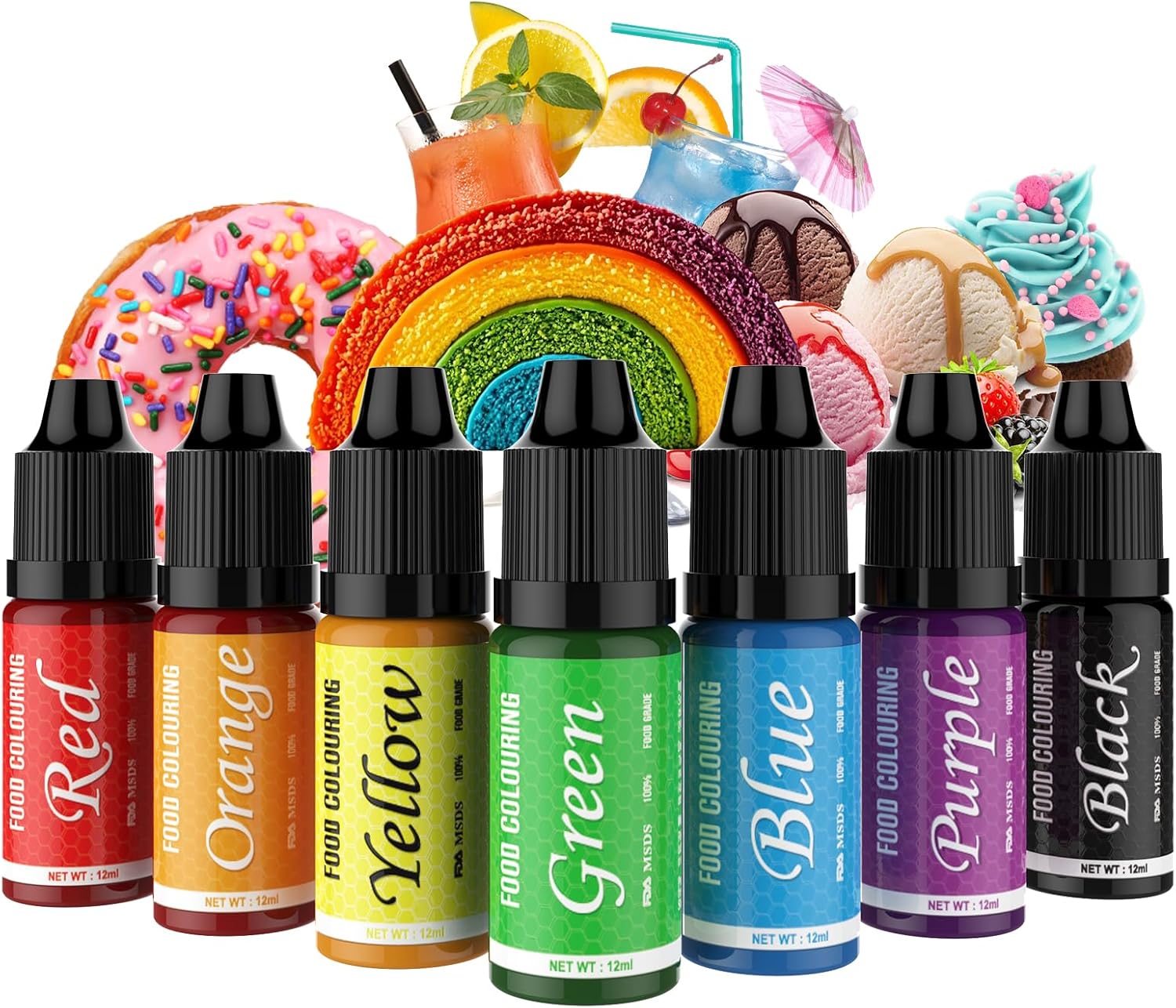 Food Colouring – 7 Colours x 12ml Food Colours Set for Cakes Baking, Biscuits, Macaroon – Highly Concentrated Food Colouring for Fondant,Icing,Slime Making DIY Supplies Kit