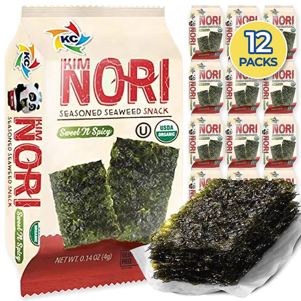 KIMNORI Seasoned Seaweed Snacks Sheets – Organic Sweet 'N Spicy Flavor 12 Individual Packs Roasted Crispy Premium 100% Natural Laver Kim Nori 4g 0.14 Ounce 김 のり 海苔 紫菜