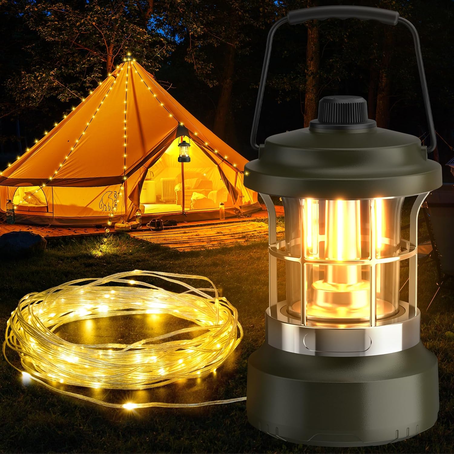 RISEMART Camping Lantern with 15M LED String Lights | 6 Lighting Modes | USB Rechargeable Ultra-Bright Tent Light | Portable Outdoor Lighting for Camping, Fishing, Hiking, Party (Black)