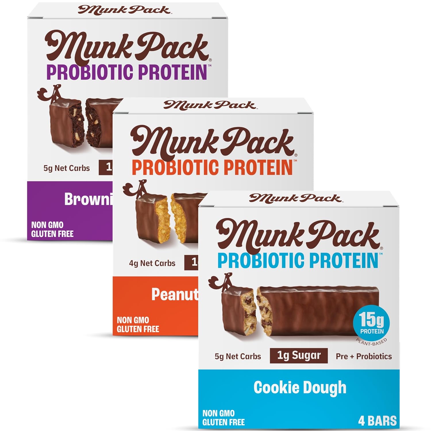 Munk Pack Variety Pack Probiotic Protein Bars Stocking Stuffers | 15g Protein, 1g Sugar, 5g Net Carbs | Plant-Based, High Protein, Low Sugar Gut Health Snacks | 12 Pack