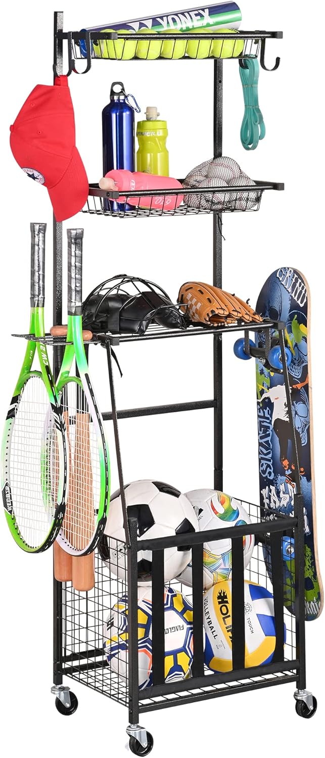 PLKOW Sports Equipment Storage for Garage, Indoor/Outdoor Sports Rack for Garage, Ball Storage Garage Organizer with Basket and Hooks,Toy/Sports Gear Storage