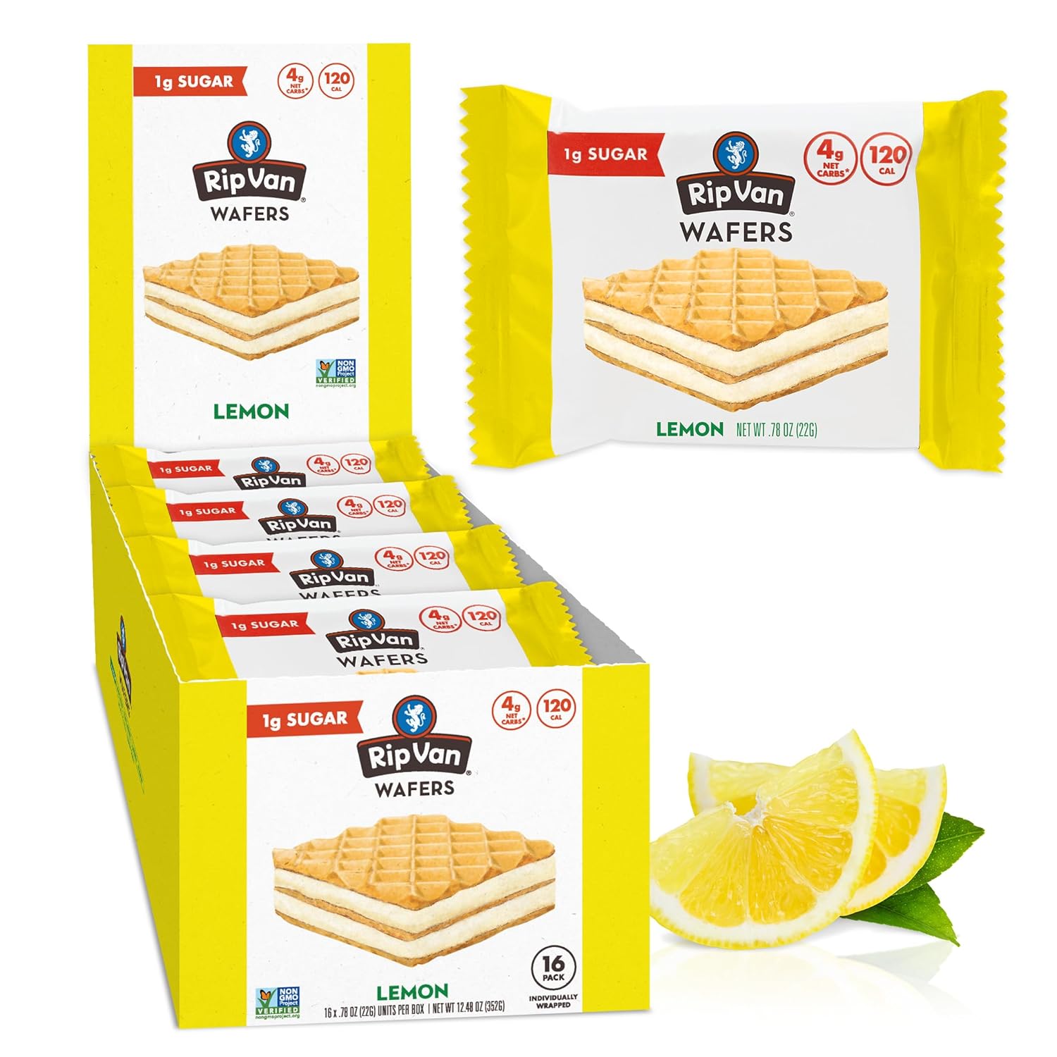 Rip Van Wafels Lemon Cookies, 16 Count, 1g Sugar, 4g Carbs, Vegan, Keto Friendly, Low Calorie, 0g Trans Fat, 120 Calories, 6g Fiber