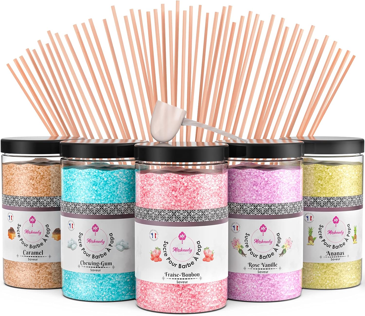 Misskandy-Candy Floss Sugar Pack (5 * 300g) (Strawberry candy, vanilla rose, chewin gum, pineapple, caramel) Use in Cotton Candy Maker +50 Sticks of 30cm