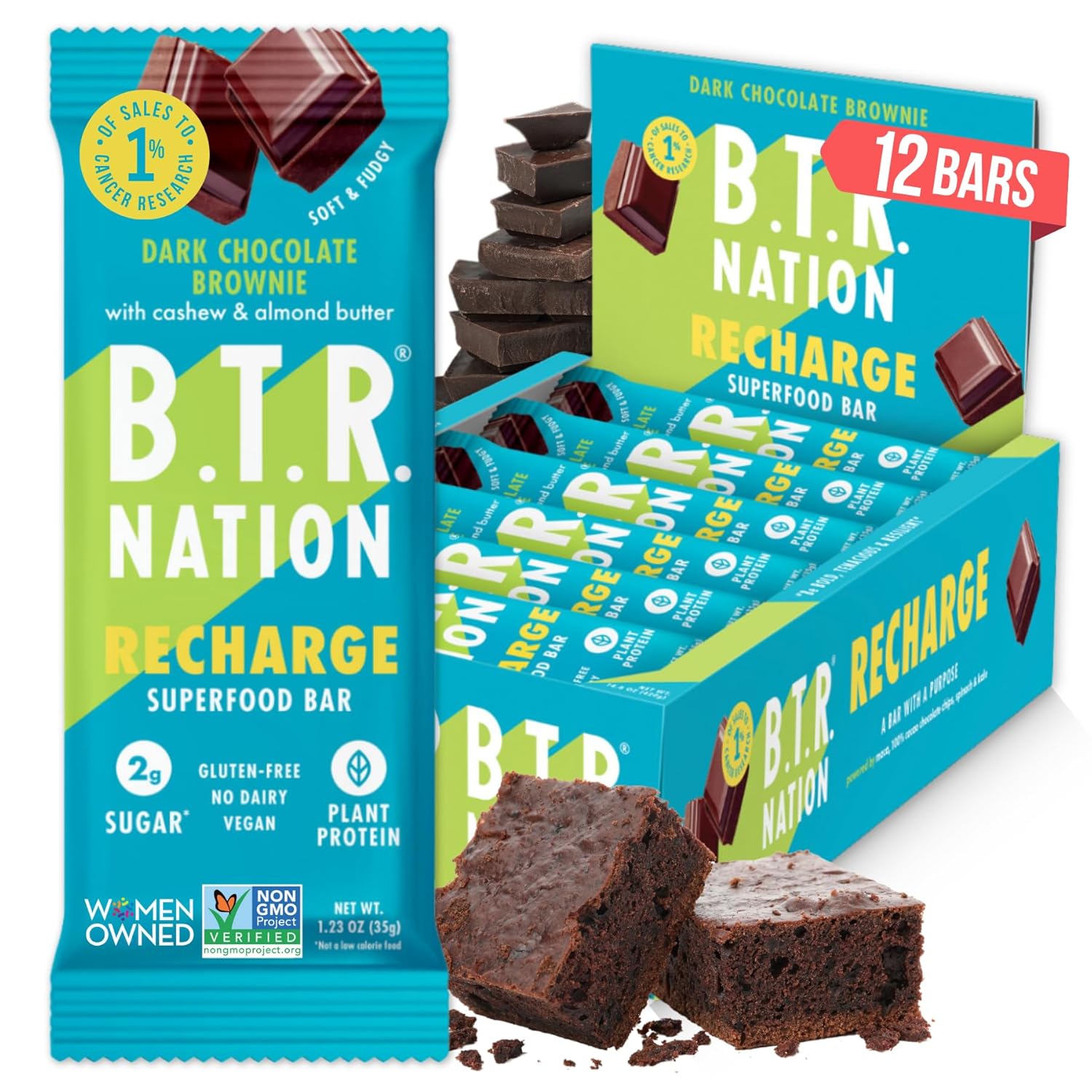 Vegan Keto Superfood Protein Bars, by B.T.R. - Low Carb, Plant Based, and Gluten Free | 12 Bars | Free of Sugar Alcohols and Boosted with Powerful Superfoods & Adaptogens! (Brownie RECHARGE)