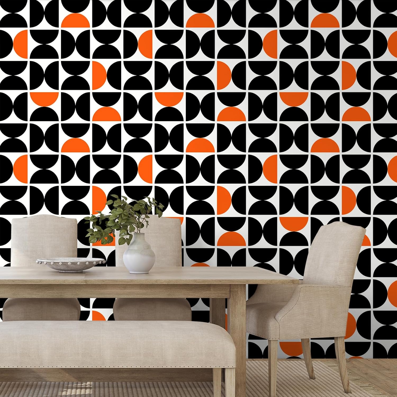 CHIHUT Modern Retro Geometric Peel and Stick Wallpaper White Black Orange Semicircular Curved Wallpaper 17.7”x100” Self Adhesive Removable Minimalism Art Decor Contact Paper for Walls Shelves
