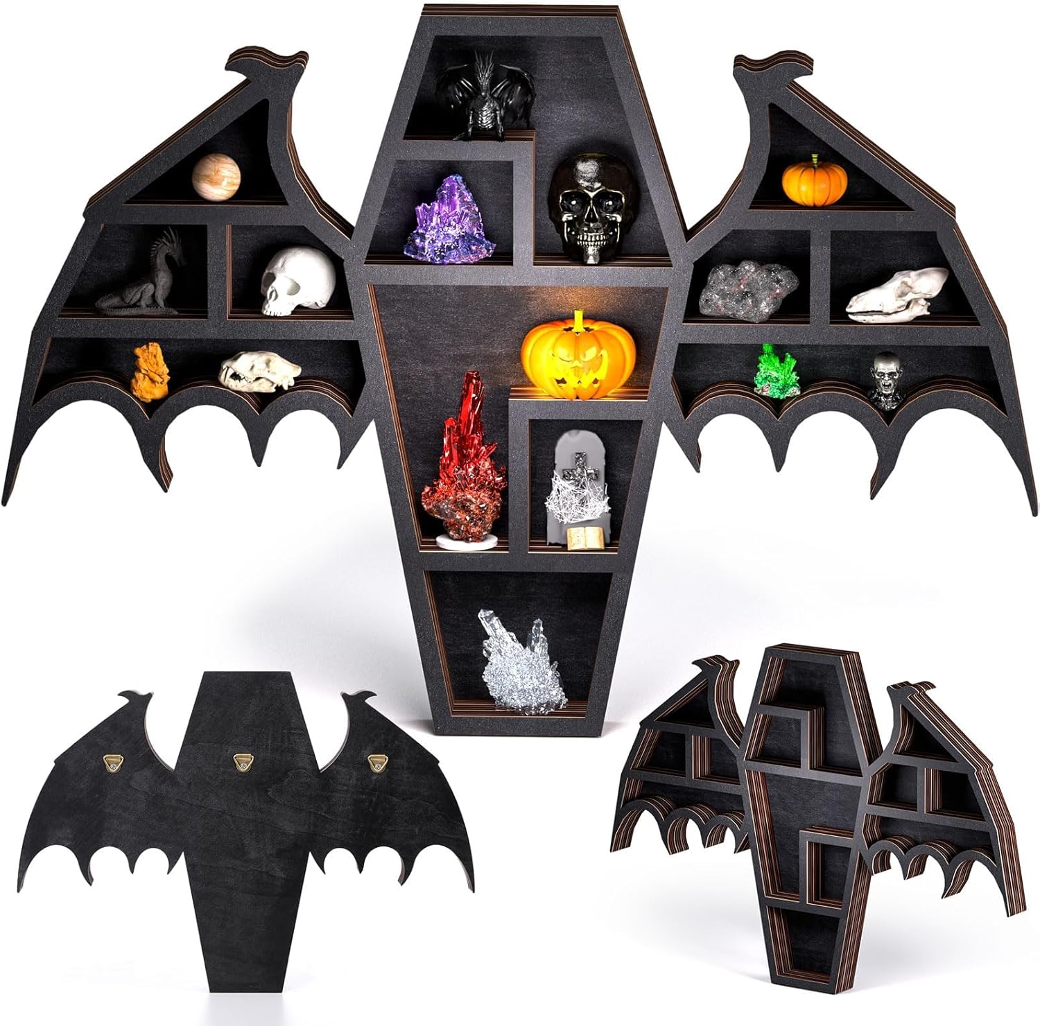 Qmetalart Coffin Shelf with Bat Wings, Wooden Gothic Decor for Display or Storage Rocks Mini Figures, Wall Hanging & Tabletop Crystal Display Shelf Gothic Home Decor