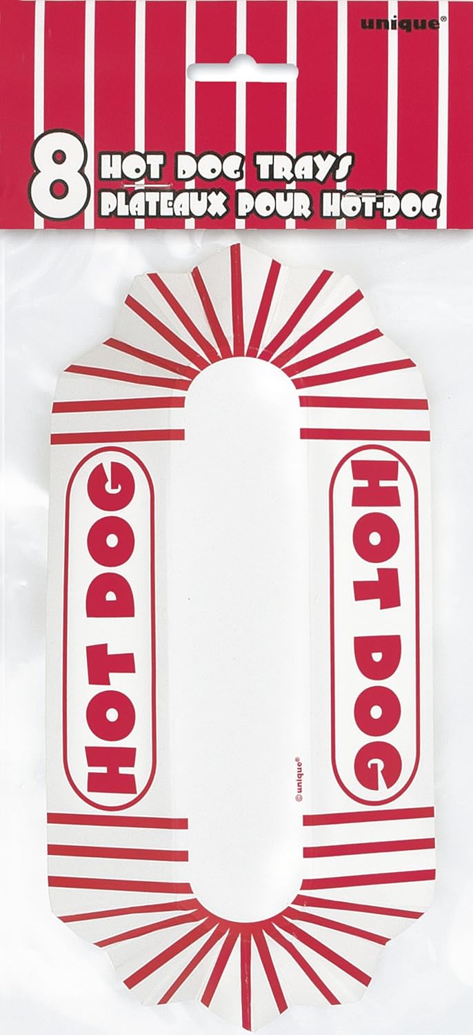 Unique 90688 Disposable Paper Hotdog Trays 8 Pcs, Adults, Red/White, 8.25 inches x 4.25 inches