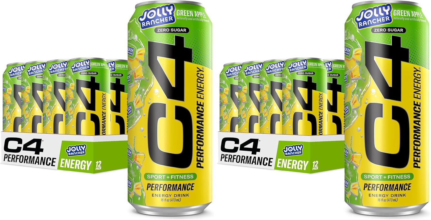 Cellucor C4 Performance Energy Drink | JOLLY RANCHER Green Apple | Zero Sugar Carbonated Preworkout Energy | 200mg Caffeine with Beta Alanine | 16 Fl Oz (24 Pack)