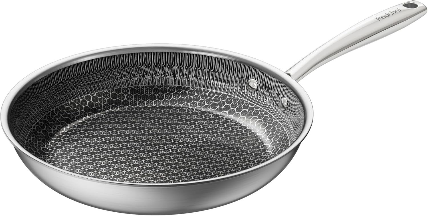 Redchef Non Stick Hybrid Egg/Omelette Pan,24cm Ceramic Frying Pan,Tri-Ply Stainless Steel Skillet,Non Toxic,PFAS PFOA/PTFE Free,Dishwasher/Oven Safe,Suitable for Induction Hobs,9.5"(Black)