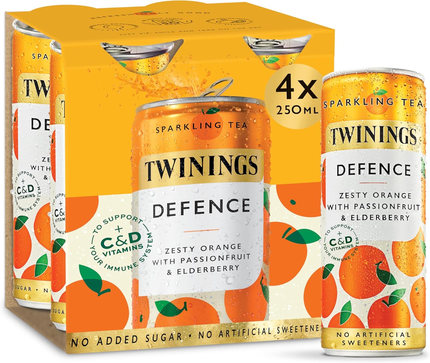 Twinings Defence -Orange and Passionfruit Flavoured Sparkling Tea-Refreshing Fruity Beverage(4X250ml Cans)-No Added Sugar,Low in Caffeine/Calorie,Healthy Alternative,Antioxidant Rich,Vegan,Gluten Free