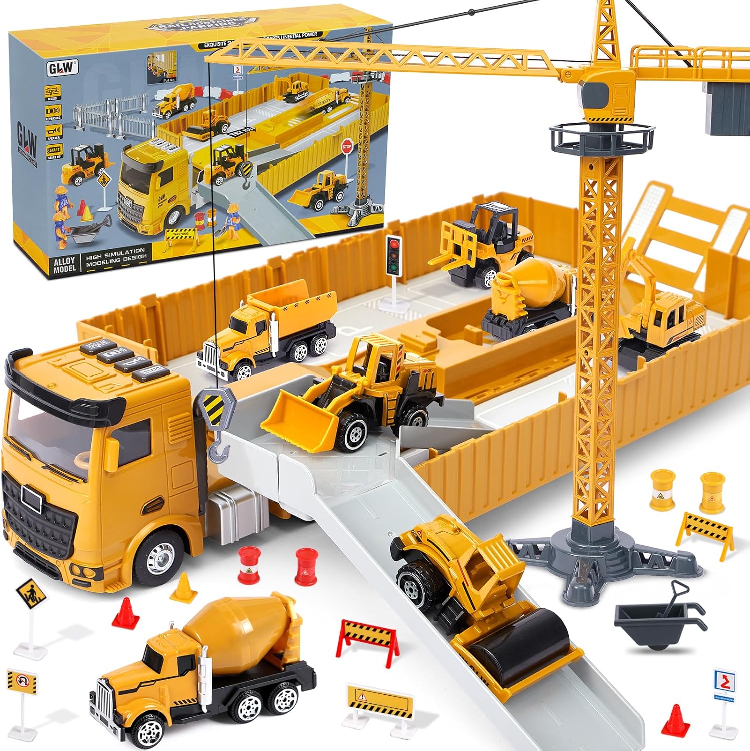 Construction Truck Car Toys Gifts for Kids Boys 3 4 5 6 7 8 Years Alloy Engineering Vehicle Toy with Digger, Bulldozer, Steamroller, Dump, Mixer, Forklift, Excavator, Tower Crane Toy Large Truck Toy