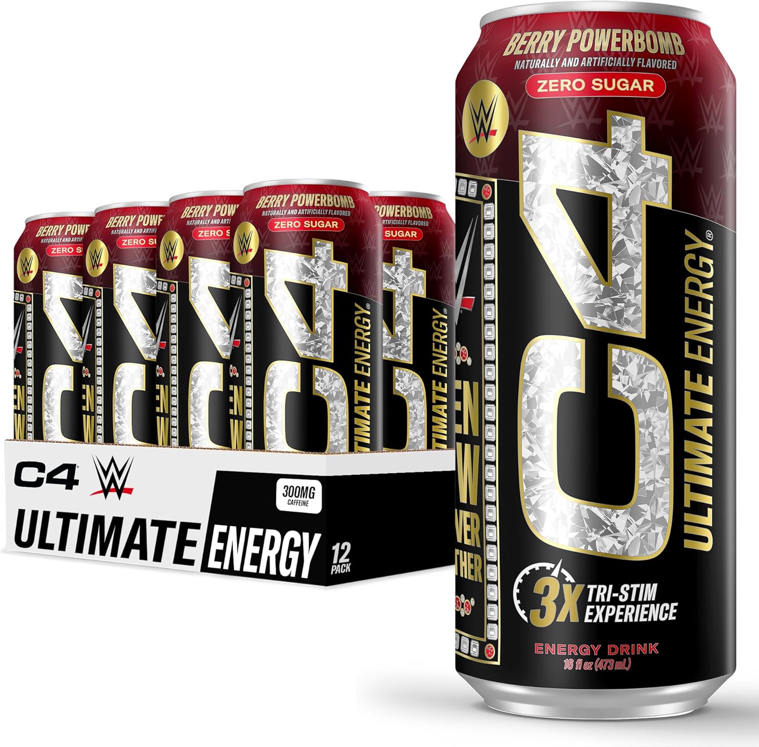 C4 Ultimate x WWE | 300mg Caffeine Sugar Free Energy Drink | Berry Powerbomb| 16oz (Pack of 12)