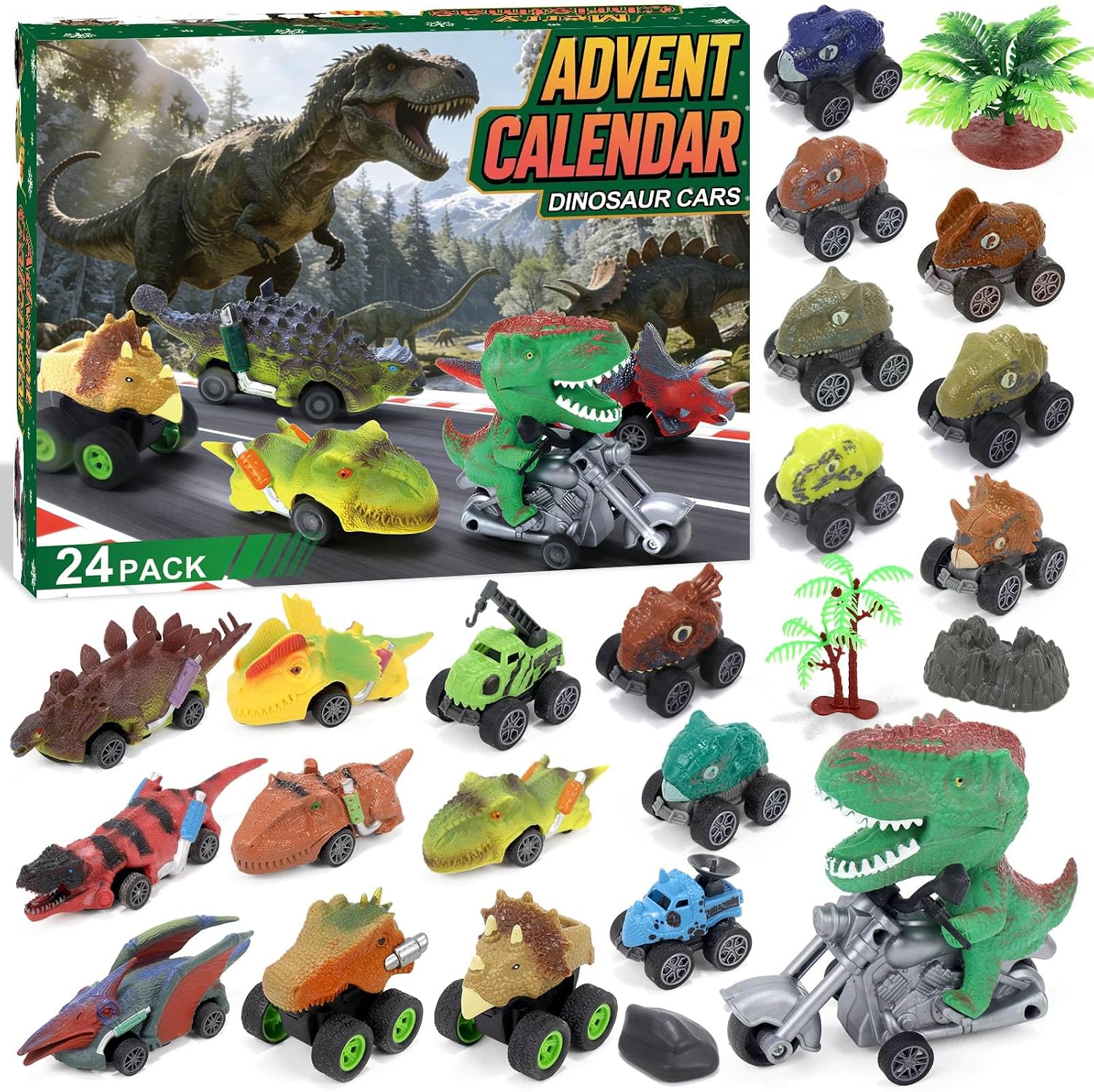 Dinosaur Cars Advent Calendar 2026 for Boys Kids – 24 Days Monster Truck Christmas Countdown Calendar Pull Back Cars Set, Holiday Gift & Party Favor for Dinosaur Lovers