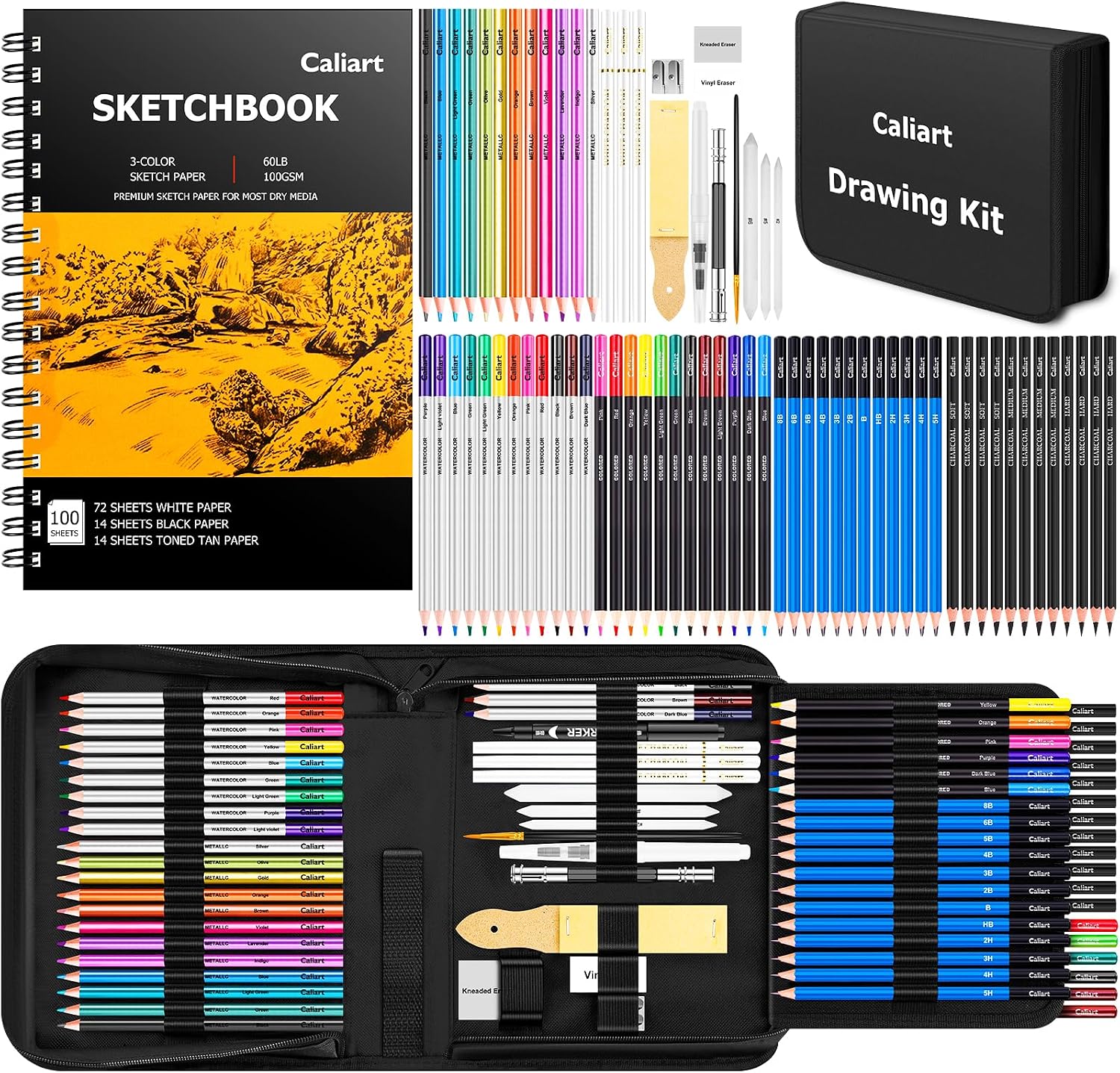 Caliart 176PCS Art Supplies Sketching Kit, 100 Sheets 3-Color Sketch Book