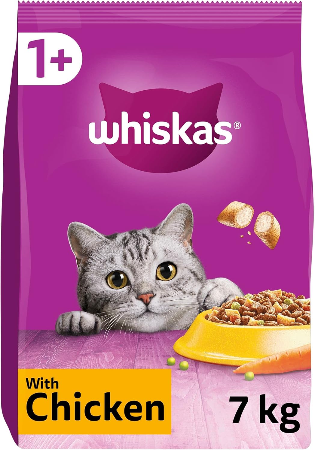 WHISKAS - 1+ Adult Dry Cat Food - 7kg - Biscuits Made with Chicken - Bulk Cat Food Bag