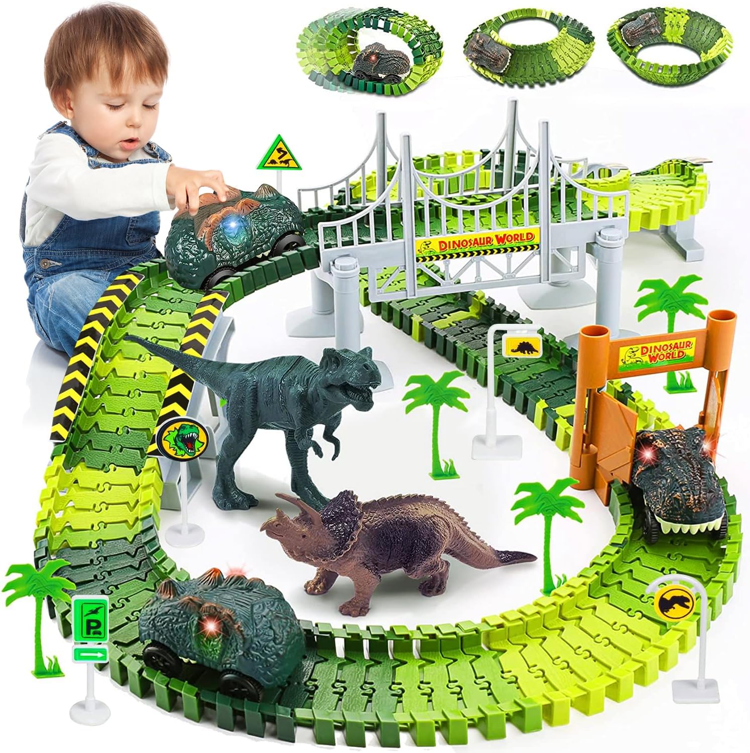 Dinosaur Race Track Toys,Create A Dinosaur World Road Race for Kids Toys,Flexible Track Playset and 2 Cool Dinosaurs Car for 3 4 5 6 7 8 Year Old Boys Girls Gift