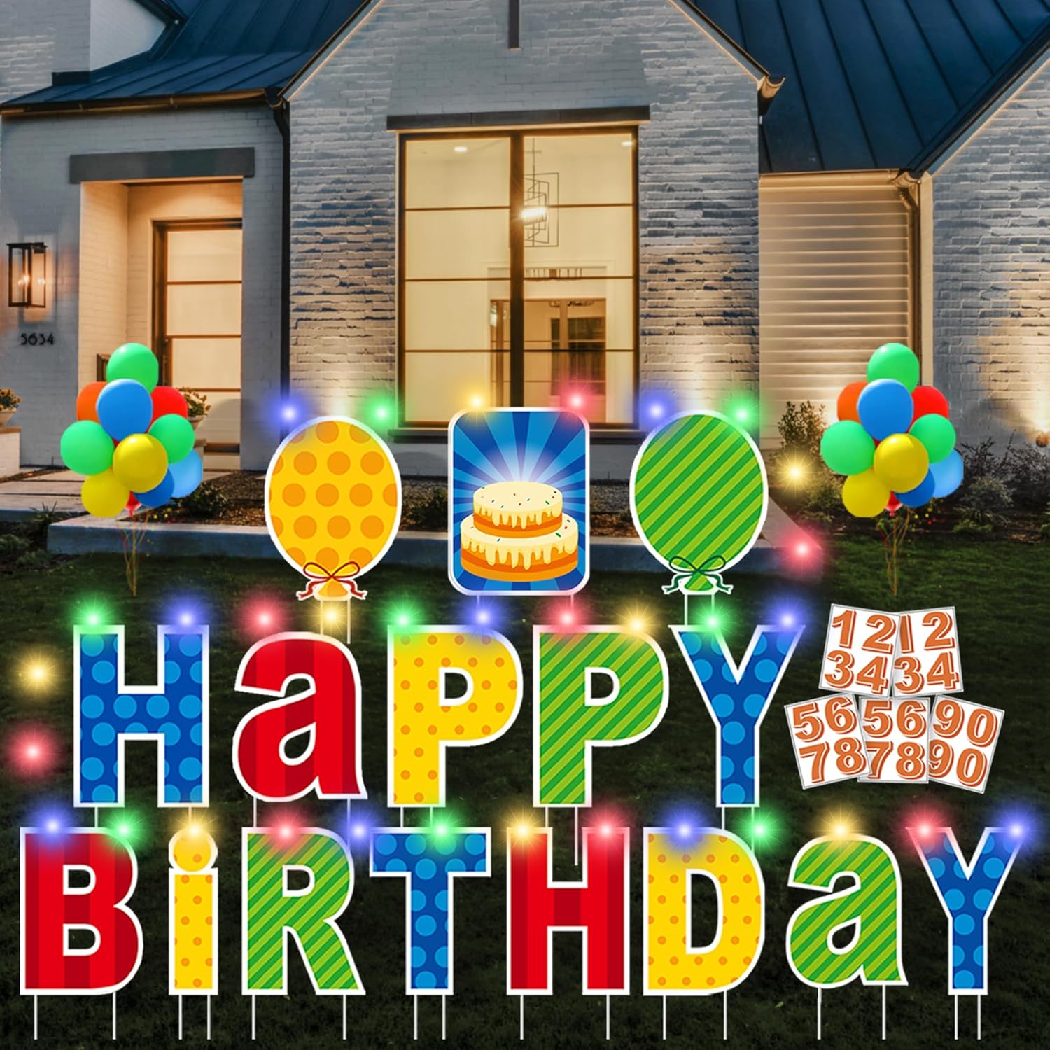 16 Pcs Happy Birthday Yard Sign with Stakes, Personalized Age Plastic Signs with LED Lights, 20 Number Stickers & Colorful Letters, Weatherproof Birthday Decorations for Indoor & Outdoor Lawn