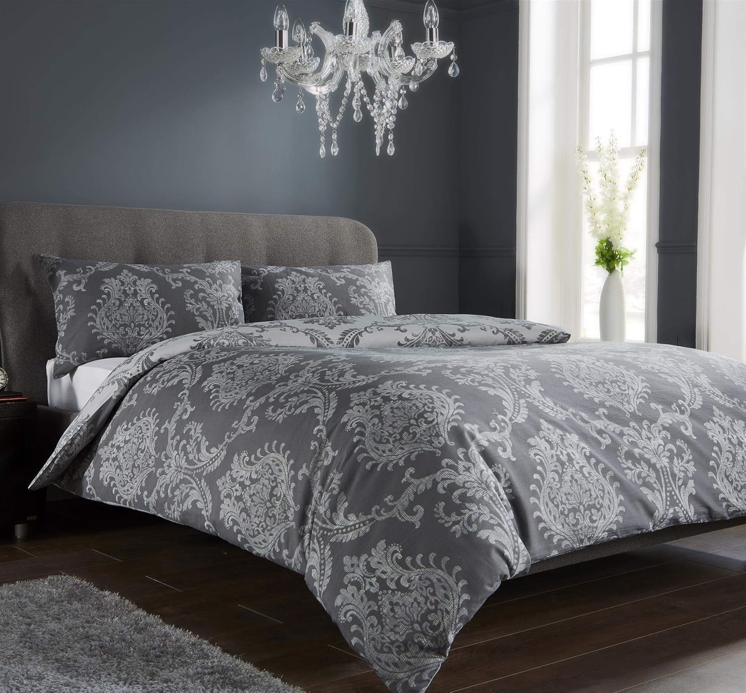 Olivia Rocco Royal Damask Duvet Cover Set Easy Care Quilt Covers With Pillowcases Cotton Rich Reversible Bedding Bed Linen Sets (Grey, Double)