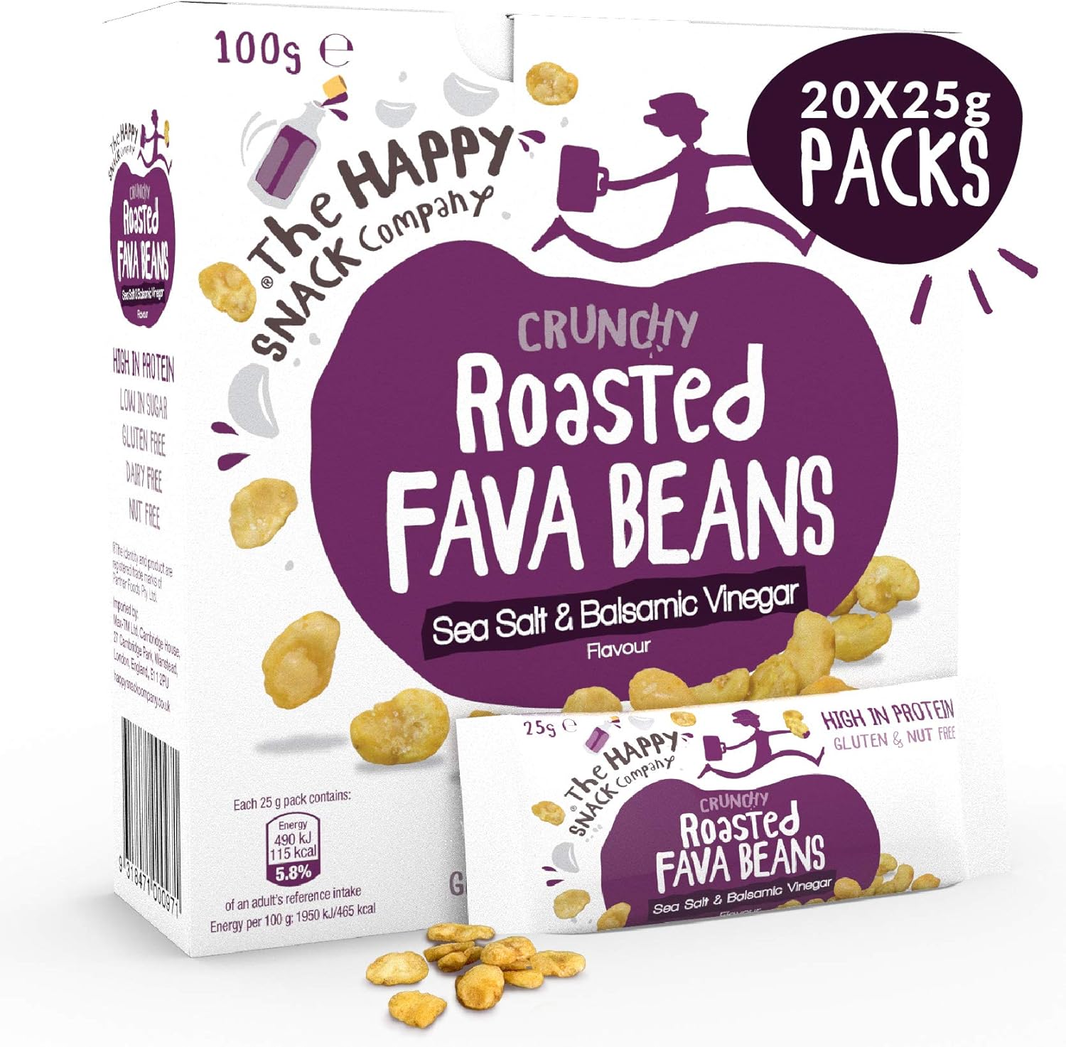 The Happy Snack Company Roasted Fava Beans, Sea Salt & Balsamic Vinegar Flavour Healthy Snacks, Plant Based Protein, Gluten Free Tasty Snacks, Vegan, 115 Calories, 25g Portion, Pack of 20.