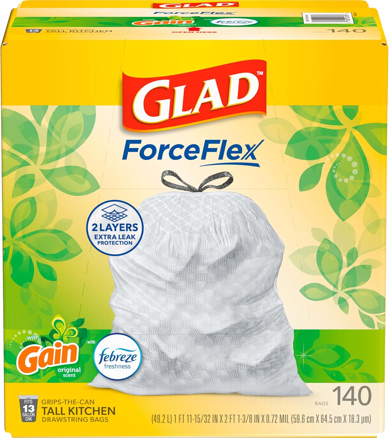 Glad ForceFlex 13 Gallon Tall Kitchen Trash Bags, Strong Drawstring Garbage Bags with Gain Original Scent Odor Shield, 140 Count