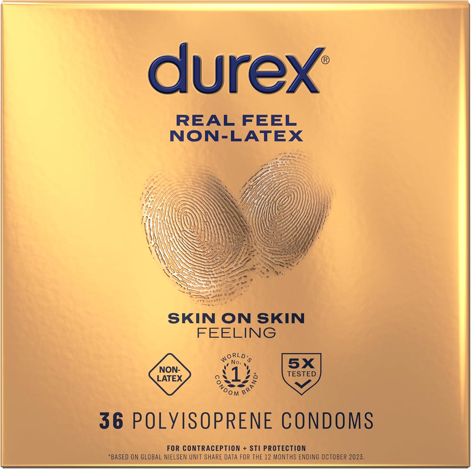 Durex Real Feel Non Latex Condoms, Lubricated Latex Free Condoms for Men, Natural Skin on Skin Feeling, 36 count