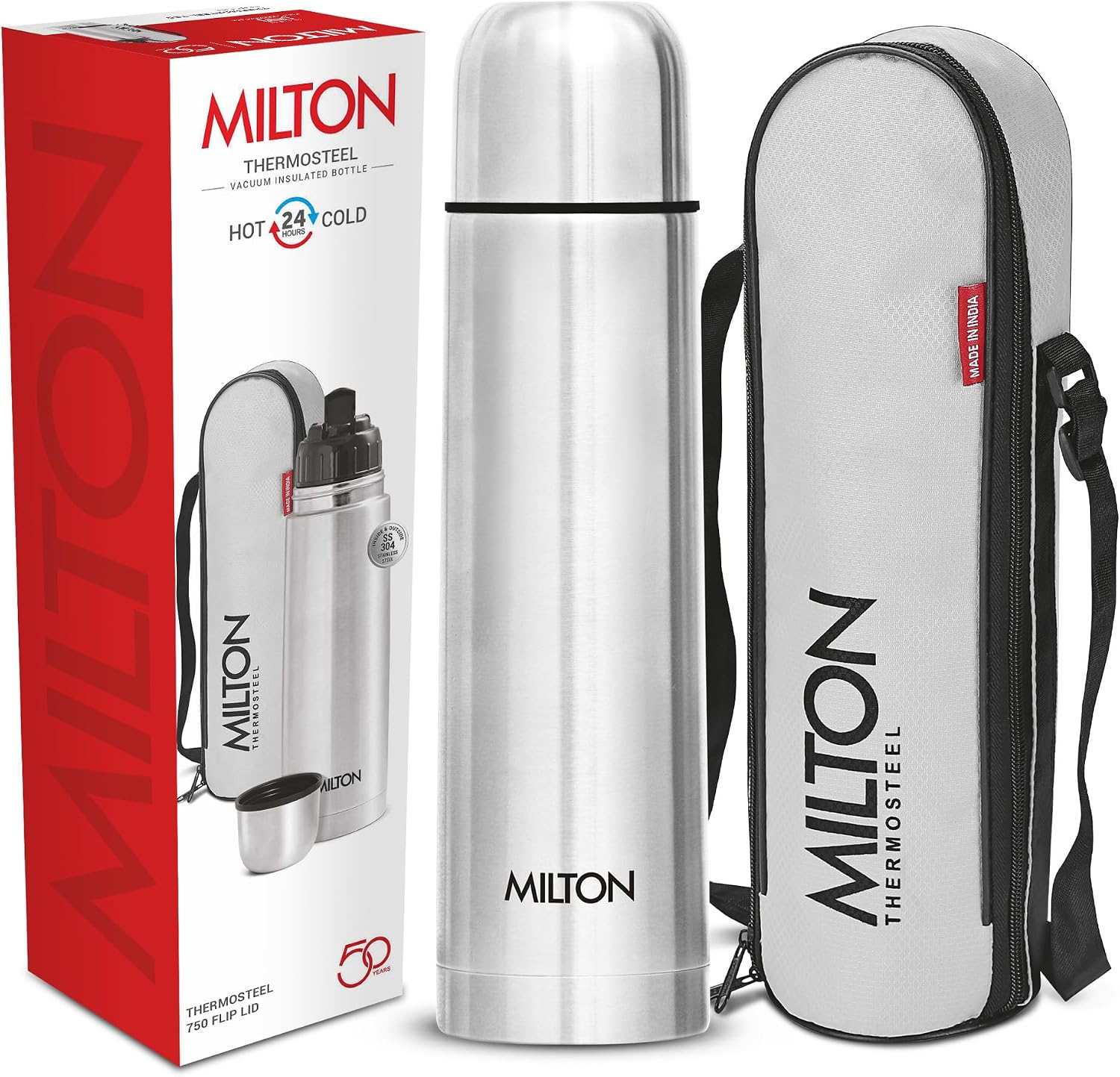 Milton Flask 25 oz Insulated Water Bottle with Cover, Flip Lid, Thermosteel
