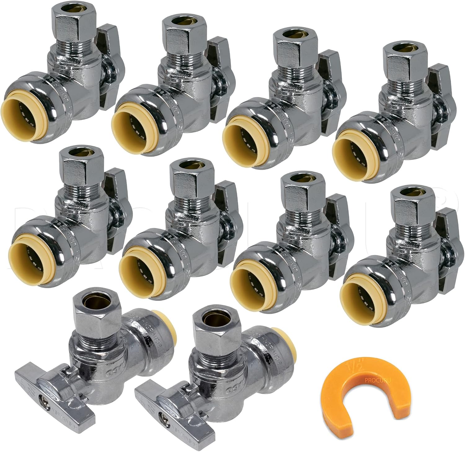 [10-Pack] PROCURU PushFit Angle Stop Valve 1/2" Push x 3/8" OD Comp, Quarter-Turn Push-to-Connect Brass Shutoff Valve for Copper, PEX, CPVC, PE-RT, HDPE Pipes, LF Certified Safe (8X8012-11T)