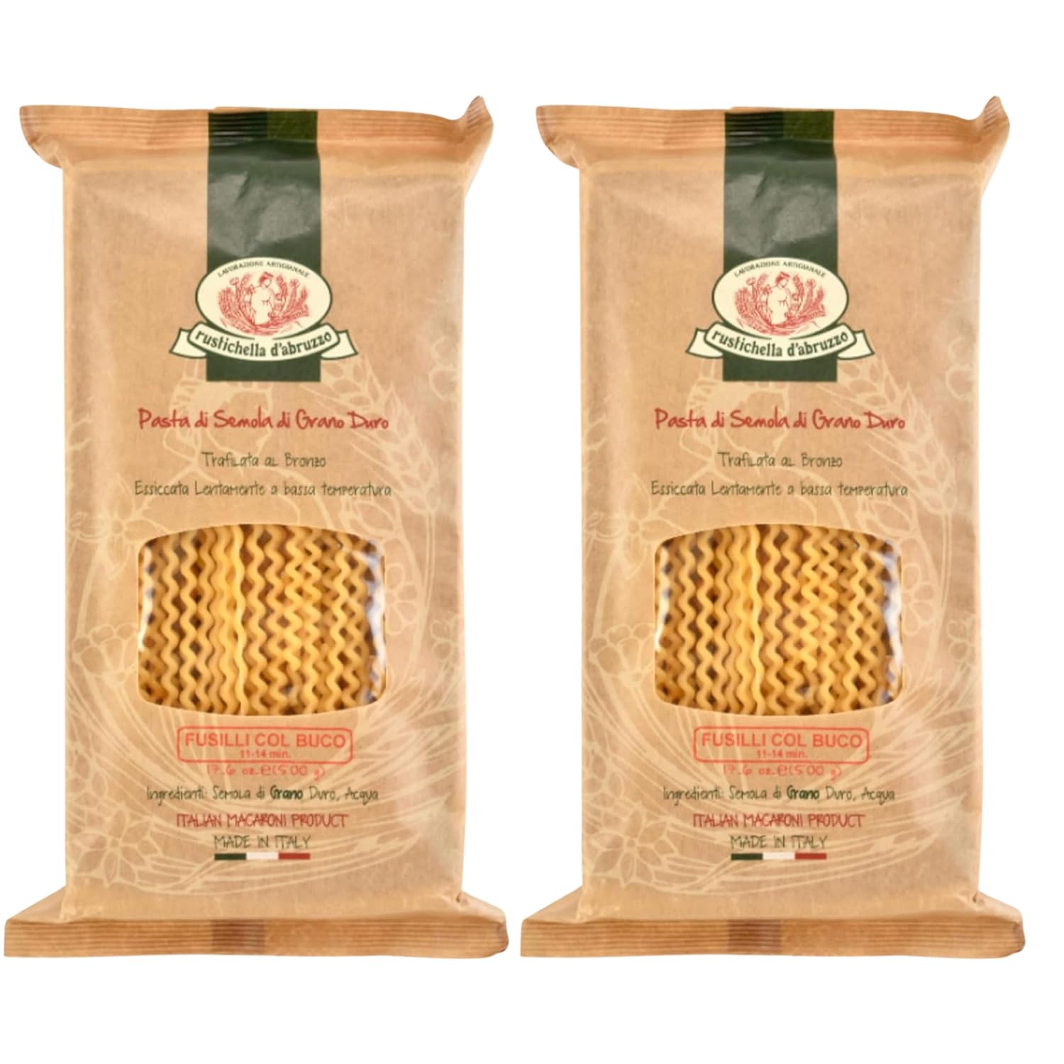 Rustichella d'Abruzzo Fusilli col Buco 17.6oz (Pack of 2)- Classic Authentic Italian Long Curly Pasta - Perfect for Tomato or Olive Oil Sauces