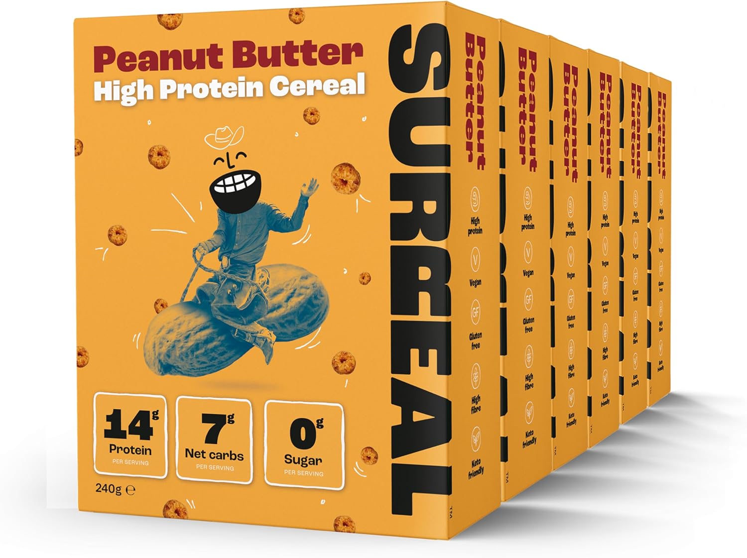 Surreal Peanut Butter - High Protein Cereal - Zero Sugar- Healthy Plant Based Cereal - High in Fibre - Low Carb - Gluten Free - Vegan - 14g of Protein, 0g of Sugar - 240g per Box - 6 Pack (6 x Peanut)