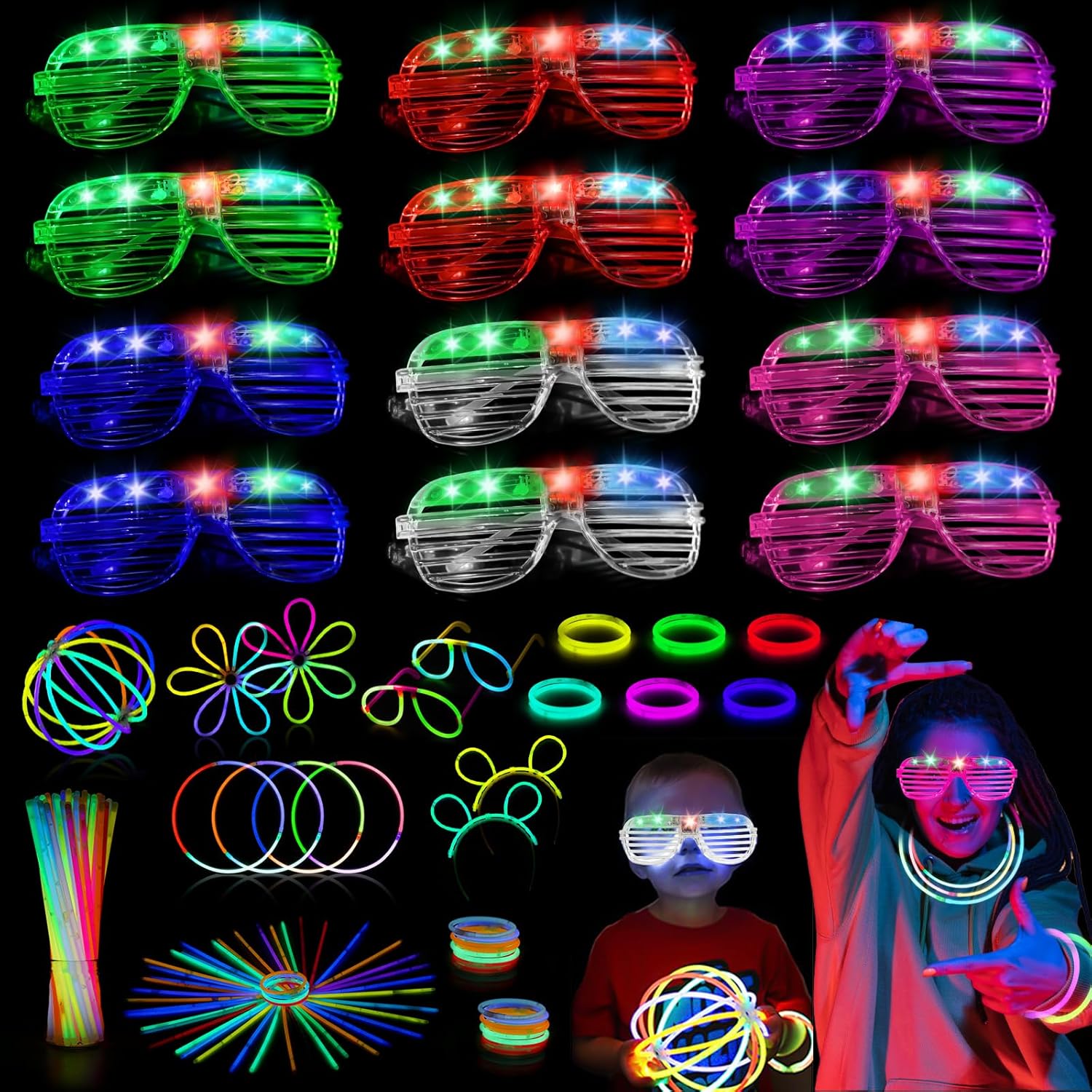Glow in the Dark Party Supplies, 62PCS LED Light up Party Favors 50 Glow Sticks Party Packs 12 Light up Glasses, Light up Toys Party Bag Fillers for Kids Adults Rave Halloween Christmas Party Decor
