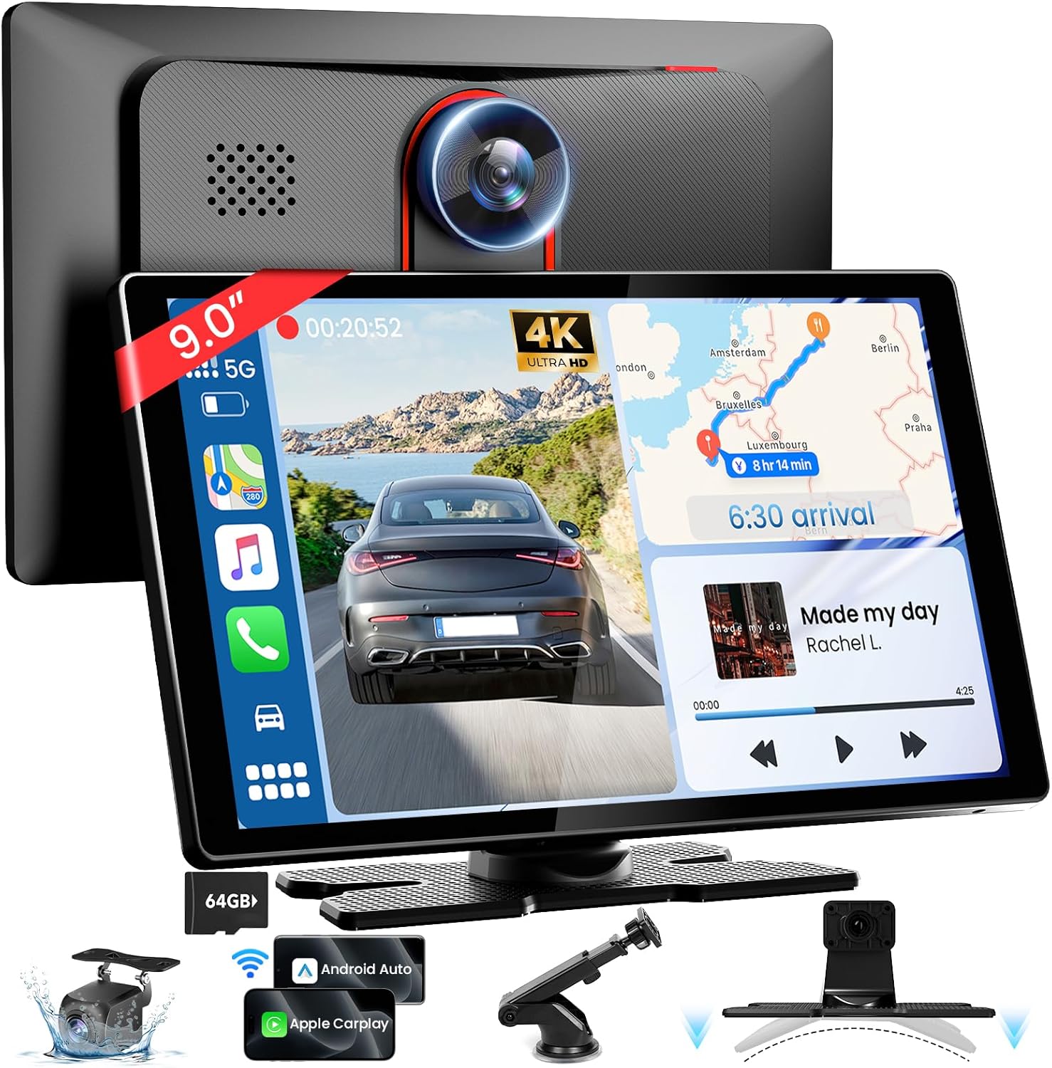 9'' HD Portable Carplay Screen for Car with 4K Dash Cam & 1080P Backup Camera DVR, Car Audio Receivers with Carplay & Android Auto Touch Screen, GPS Navigation, Mirror Link, Voice Control