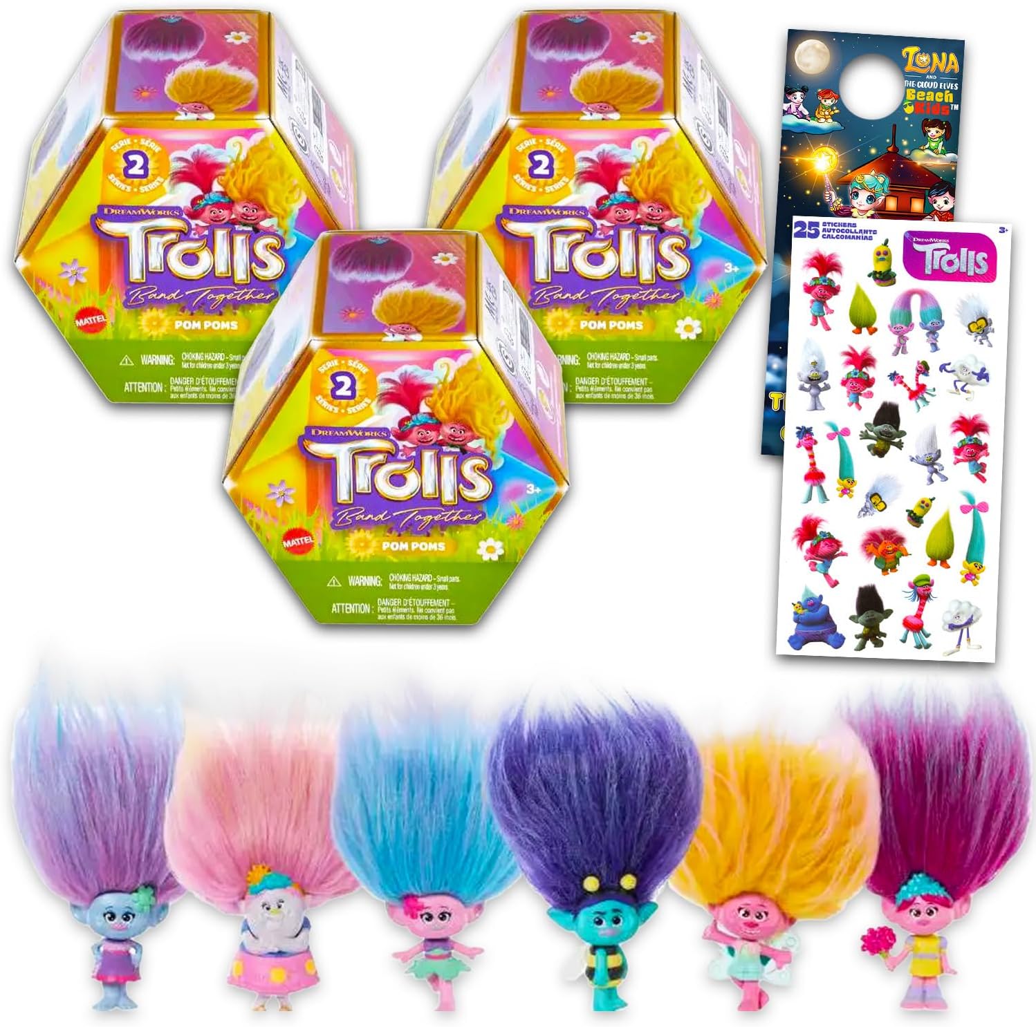 Trolls Pom Pom Blind Bag Party Favor Set - Bundle of 3 Mystery Toys with Mini Figurine with Fluffy Hair Plus Stickers, More | Trolls Birthday Supplies