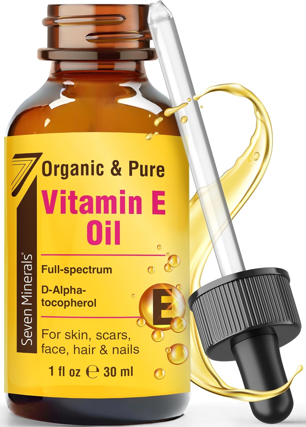 Seven Minerals Ultra Pure Vitamin E Oil - Full-Spectrum D-Alpha Tocopherol, 1 Fl Oz - 100% Organic Vitamin E Oil for Skin, Face, Hair, and Scars - Naturally Occurring = Not Synthetic