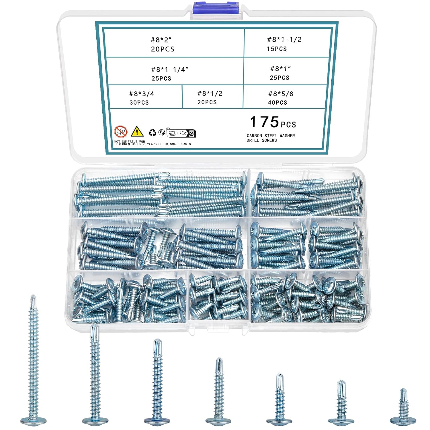 QOOSIKICC 175 Pcs Self Tapping Screws for Metal Wood & Plastic, Self Drilling Tek Screw Assortment Kit, Assorted Size Modified Truss Head Sheet Metal Screws, #8x2" to #8x5/8"