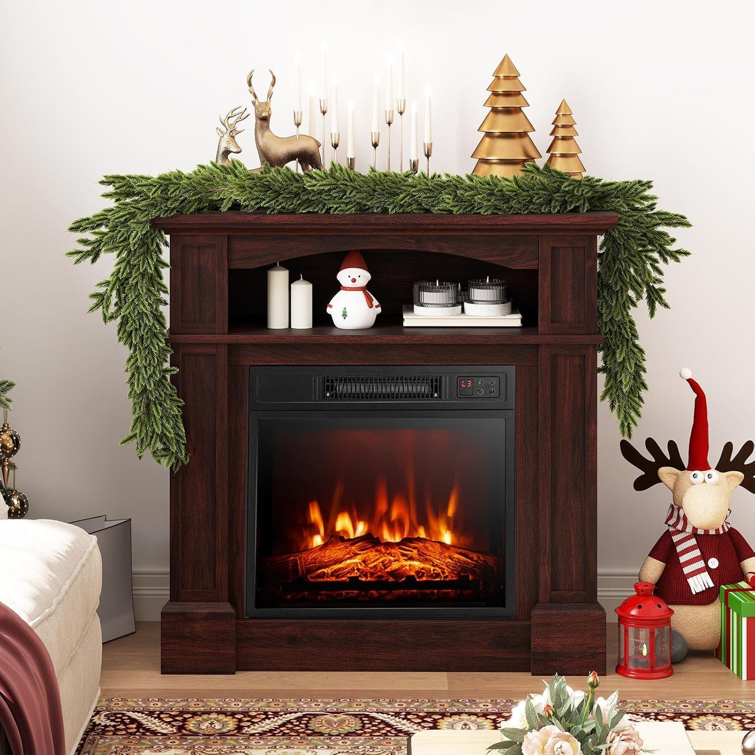 SIMOE 32" Electric Fireplace with Mantel, Electric Fireplace with 3 Flame Effects, Remote & 6H Timer, Overheat Protection, 1400W Fireplace for Living Room, Brown