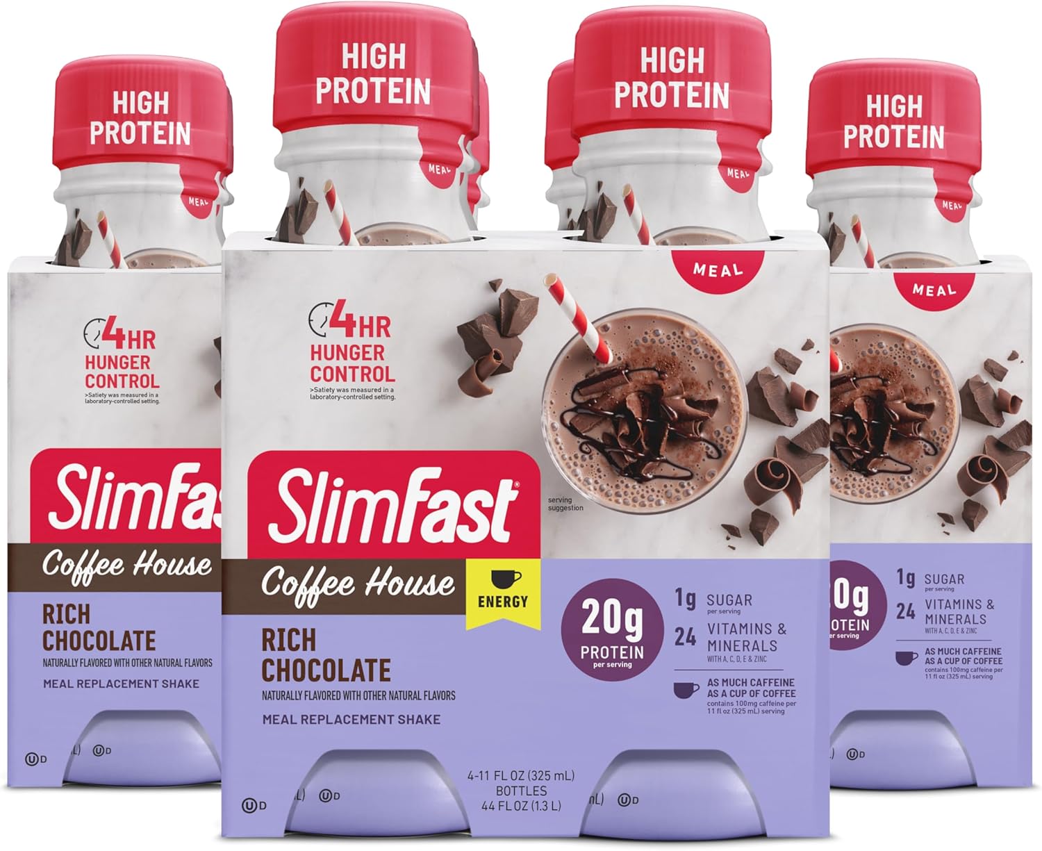 SlimFast Advanced Energy High Protein Meal Replacement Shake, Rich Chocolate, 20g of Ready to Drink Protein with Caffeine, 11 Fl. Oz Bottle, 4 Count (Pack of 3) (Packaging May Vary)