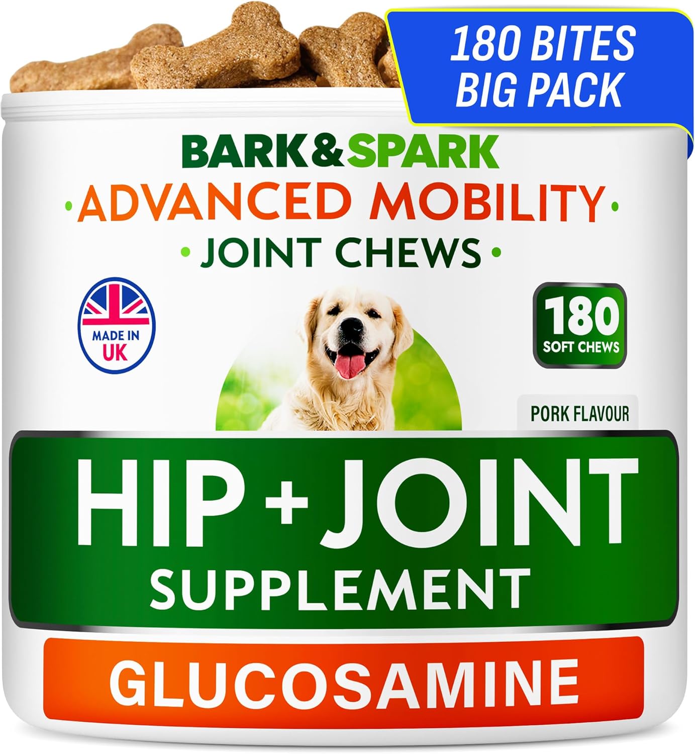 BARK&SPARK Daily Joint Care Chews - Advanced Mobility Joint Supplement - Choose Chews! - Glucosamine Hip & Joint Support for Senior Dogs - Made in UK - 180 Count
