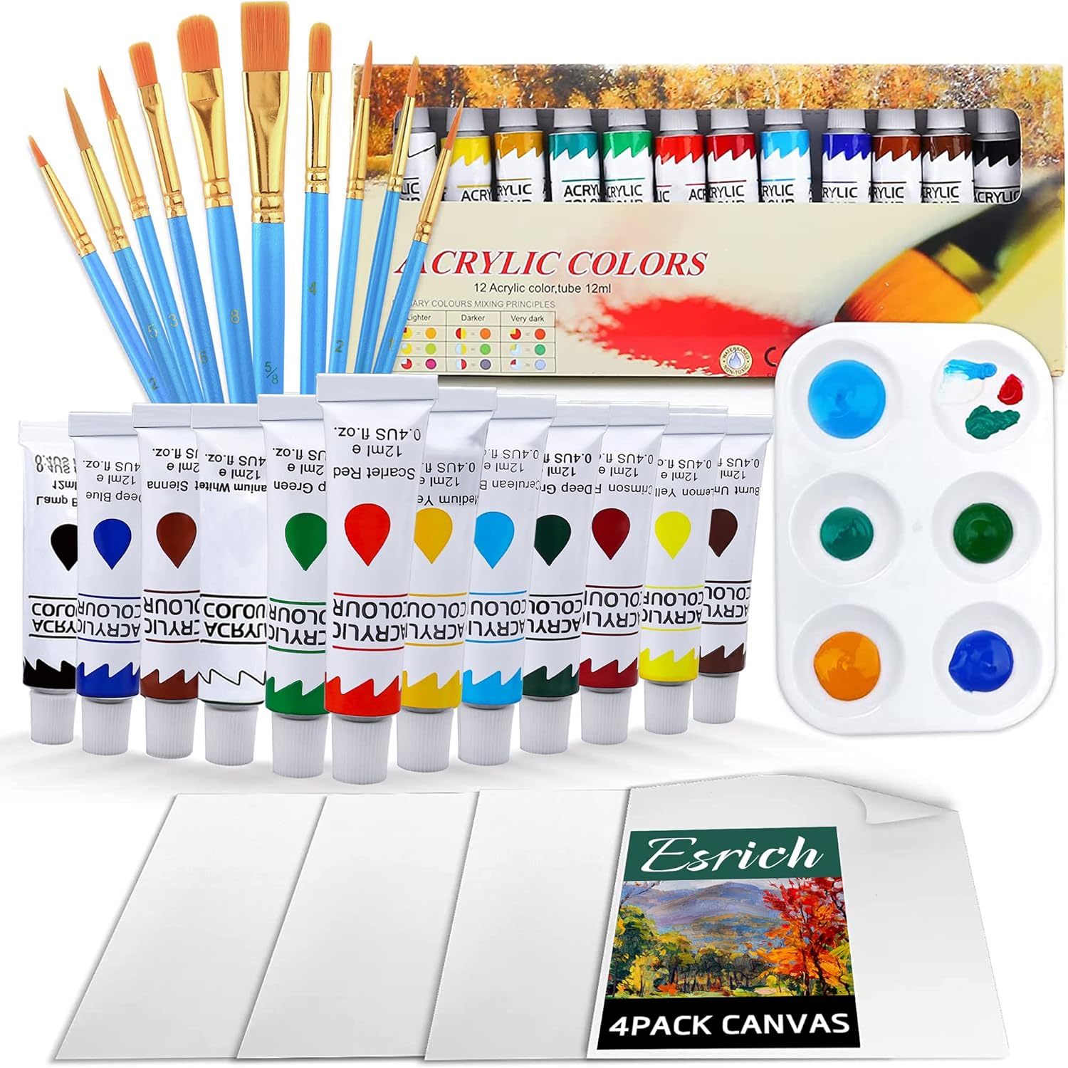 ESRICH Acrylic Paint Set,Paint Set with 10 Paint Brushes12 Color 12ml Acrylic Paint,1 Palettes and 4 Pcs Canvas for Students, Artists and Beginner Art Supplies