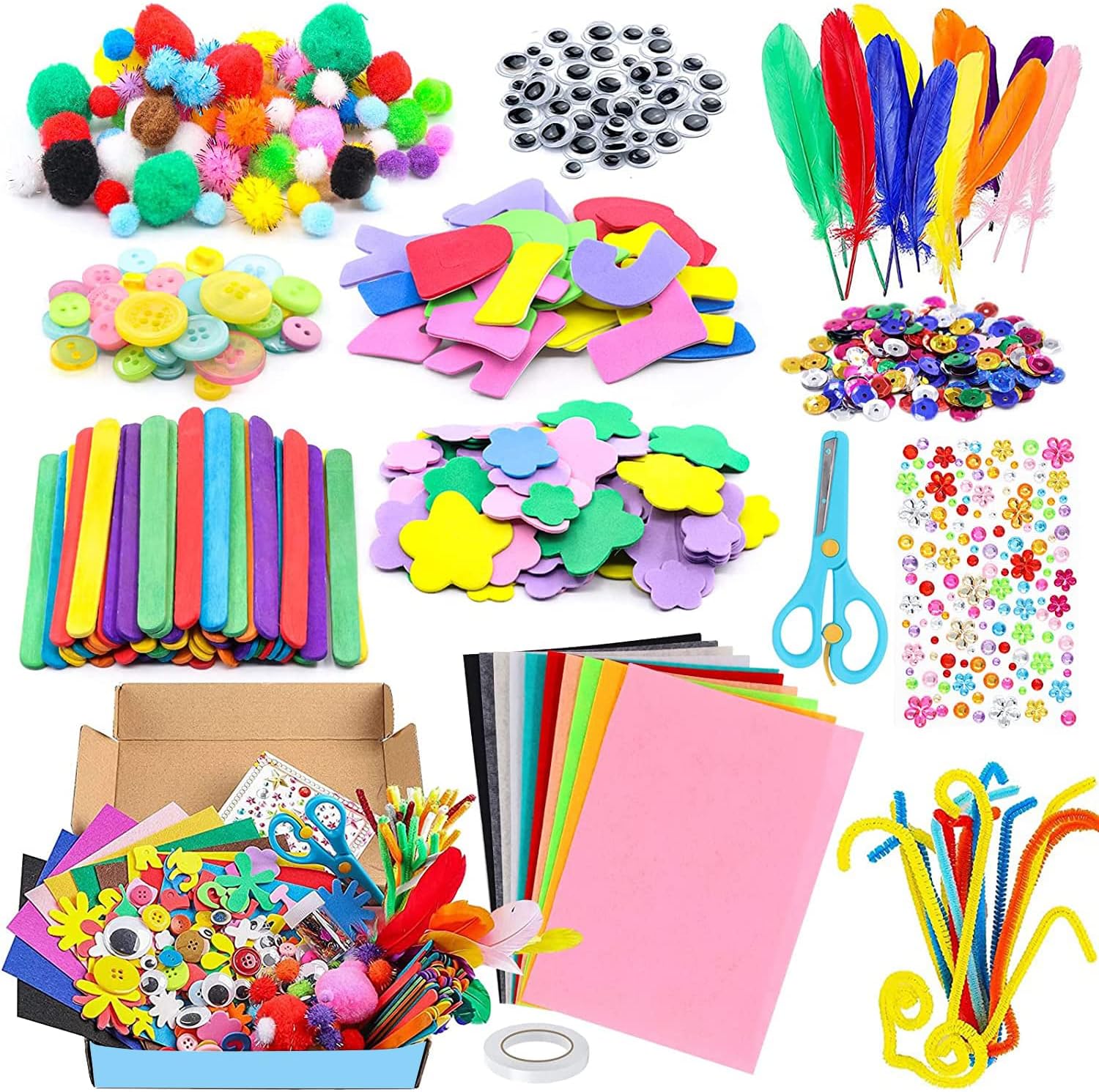 Newthinking DIY Craft Kits for Kids, Make Your Own Colorful Animals 1000 PCS+ Kids Arts and Crafts Kit with Pipe Pom Poms, Feathers, Beads, Colored Felt for School Home Children Age 5 6 7 8 9 Years+