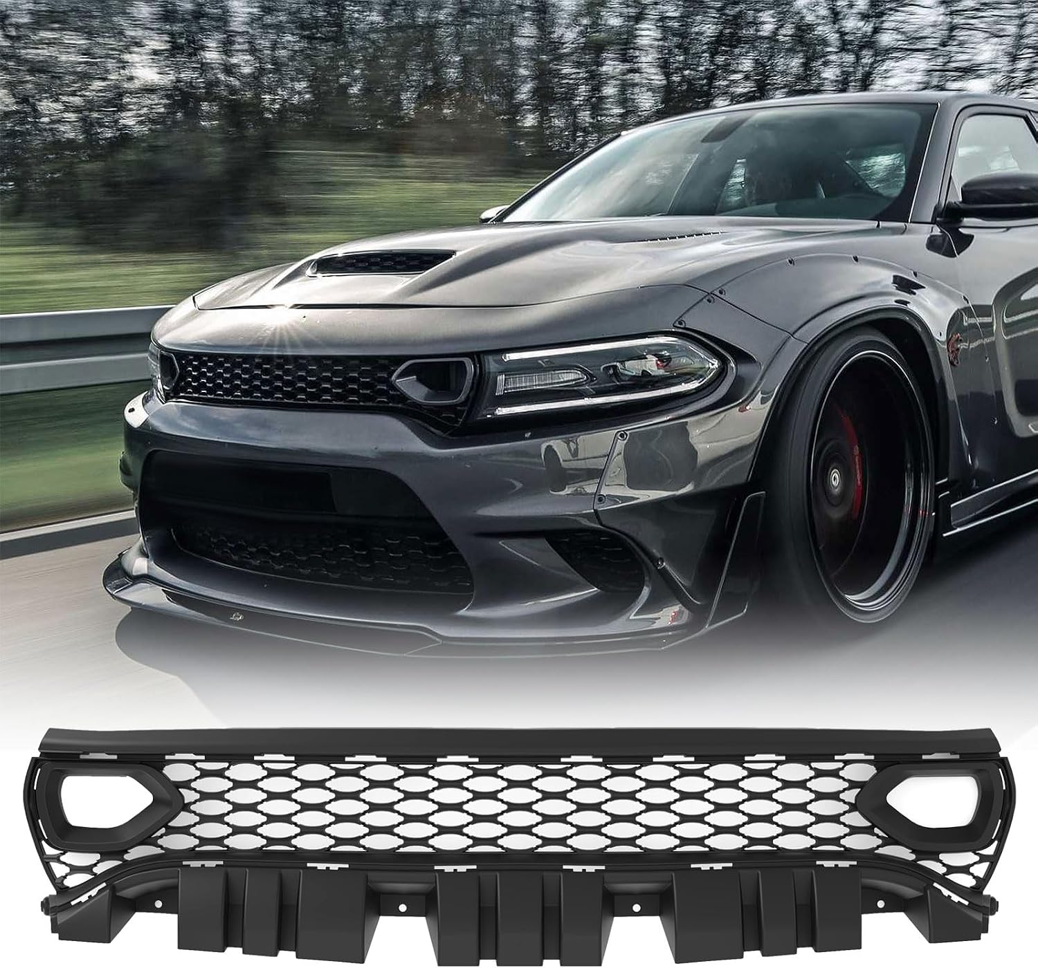 Front Upper Grille Assembly Compatible With 2015-2023 Dodge Charger SRT SXT Pursuit R/T SE GT Scat Pack Daytona Replacement for 68417502AA Mesh Grill W/ 2 Side Bezels