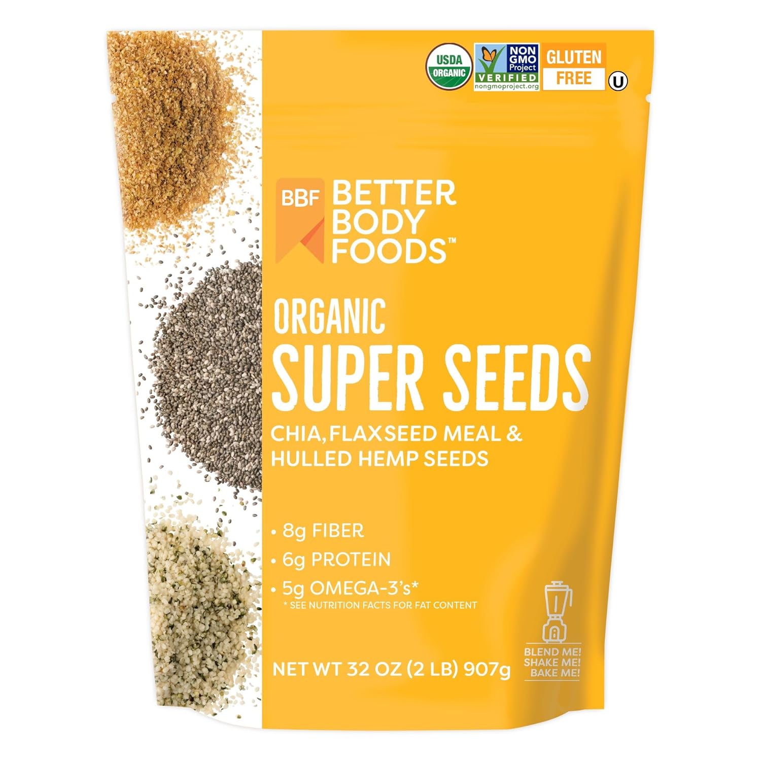 BetterBody Foods Superfood Organic Super Seeds - Chia Flax & Hemp Seeds, Blend of Organic Milled Flax Seed Organic Hemp Hearts, Add to Smoothies Shakes & More, 2lb, 32 oz
