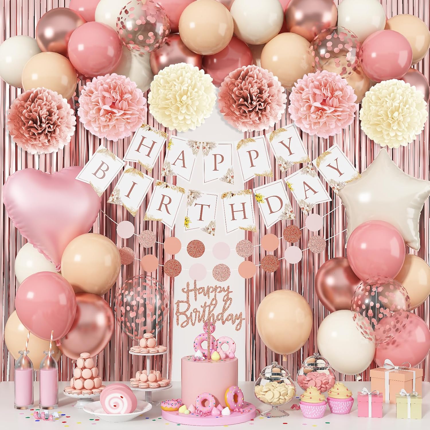 Pink Birthday Decorations for Women, Boho Dusty Pink Rose Gold Blush Beige Latex Balloons Happy Birthday Banner Foil Fringe Curtain Tissue Paper Pompom for Woman Girls Party Decoration Supplies
