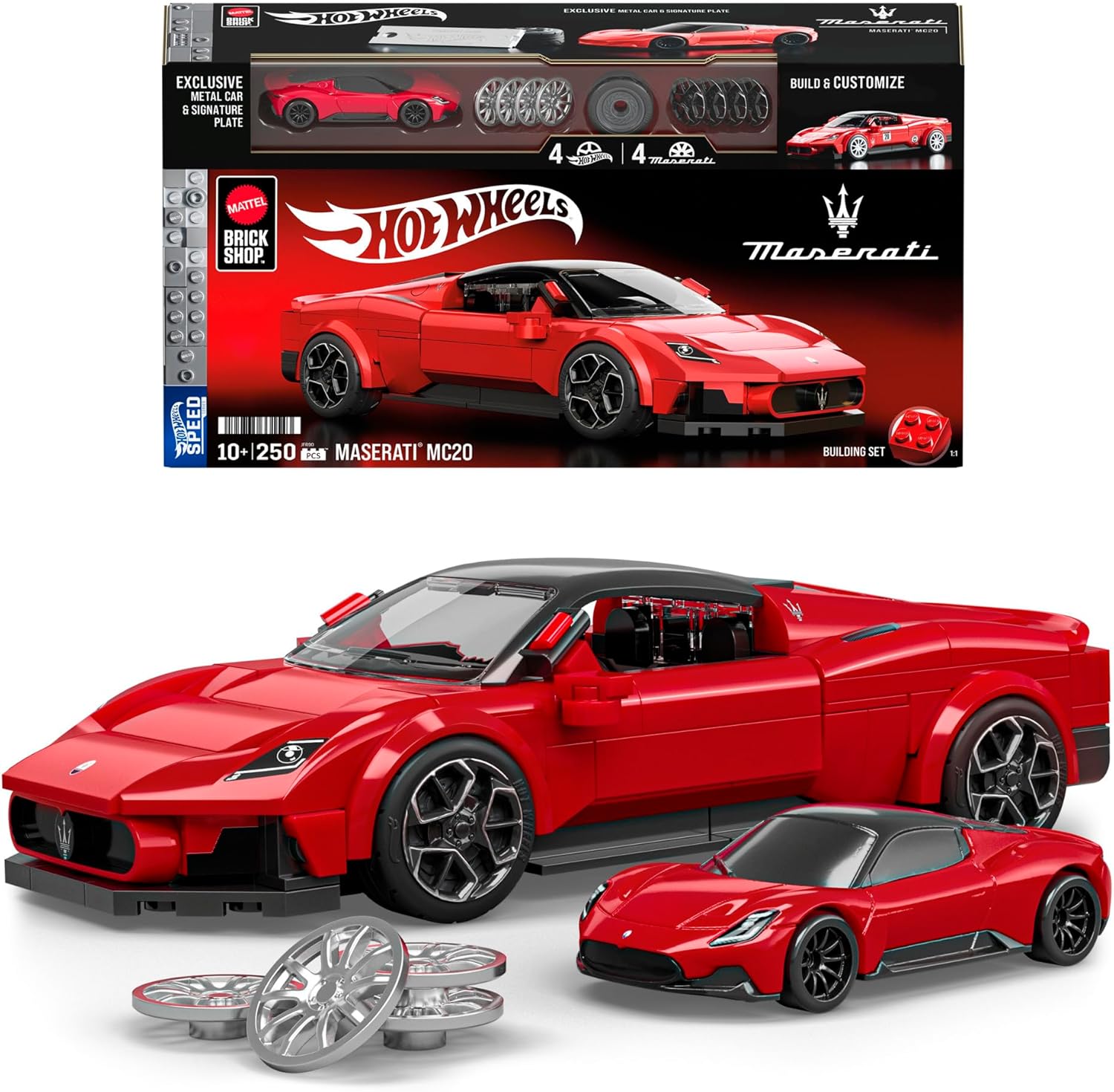 ​Mattel Brick Shop Hot Wheels Speed Series Building Set, Maserati MC20 with 250 Pieces, Realistic Details and Custom Decals, Adult Collectors and Kids Ages 10+, JFR90