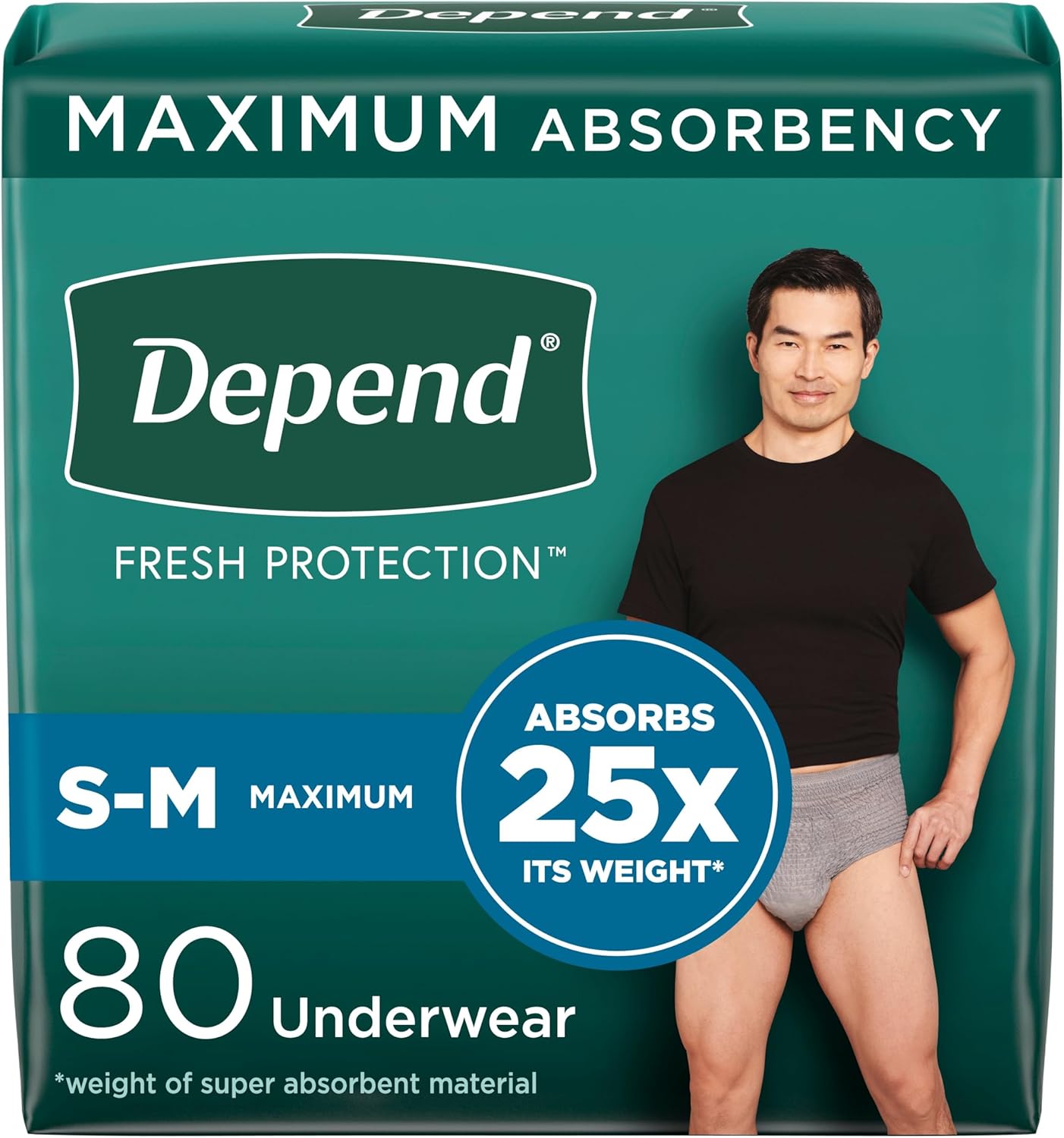 Depend Fresh Protection Adult Incontinence Underwear for Men, Disposable, Maximum, Small/Medium, Grey, 80 Count (2 Packs of 40), Packaging May Vary